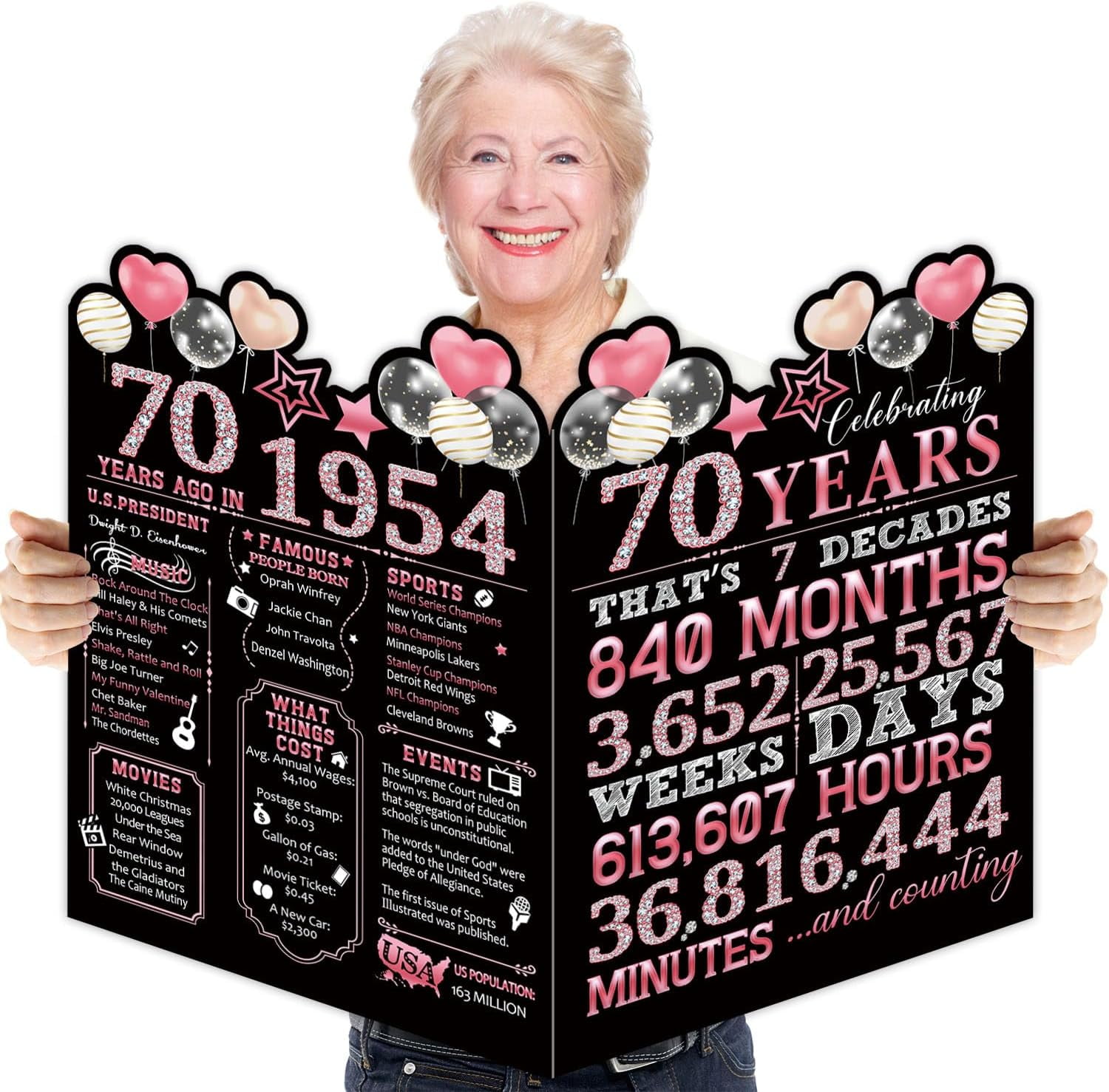 TRAHOO-70th Birthday Large Greeting Card, 1954 Black Pink Happy 70th Birthday Giant Guest Signature Book, 1954 Large Greeting Card, 70th Birthday Party Decorations, Large 70th Birthday Card for Men W