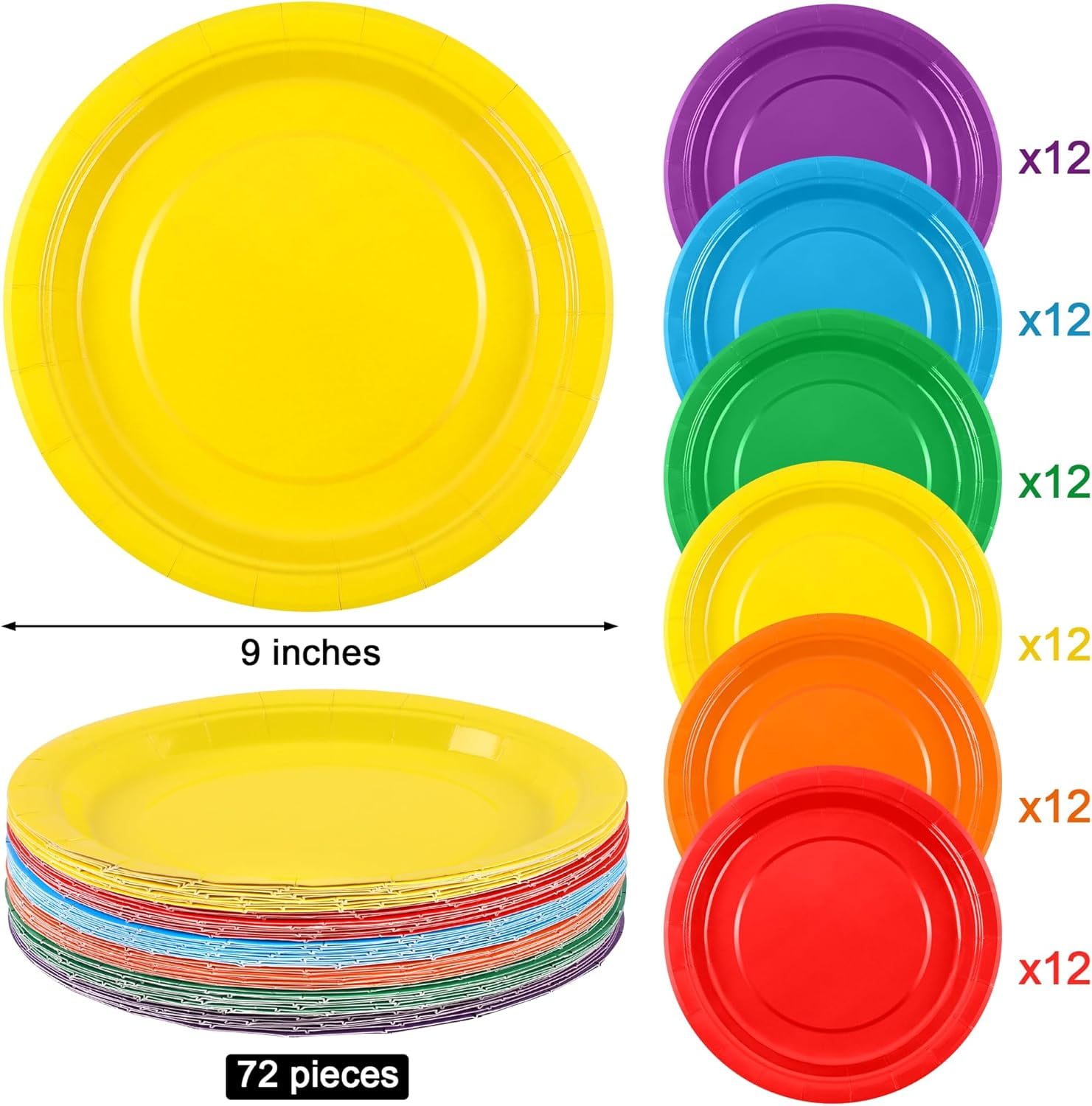 TRAHOO72 Pieces 9 Inch Colored Paper Plates Disposable Heavy Duty