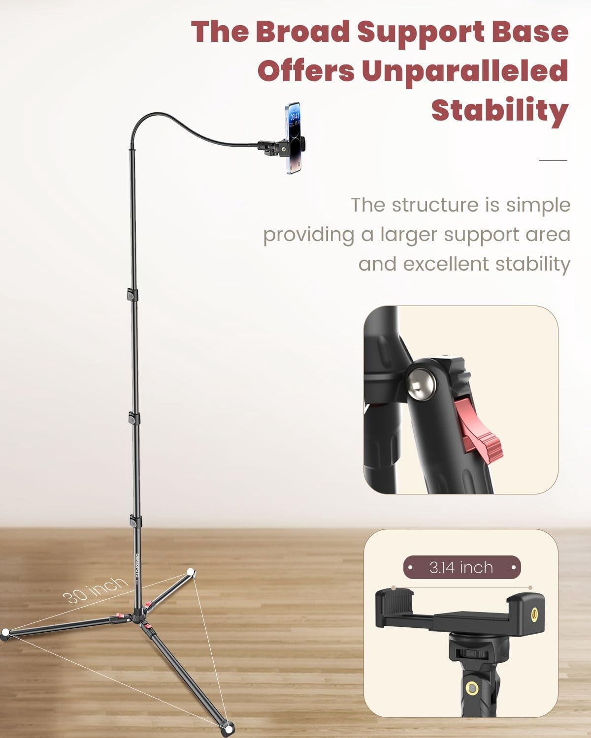 Overhead Phone Tripod Stand - Copy Stand With Adjustable Arm For Desk, 360° Ball Head, Phone Clip For 5.3-10cm Phones