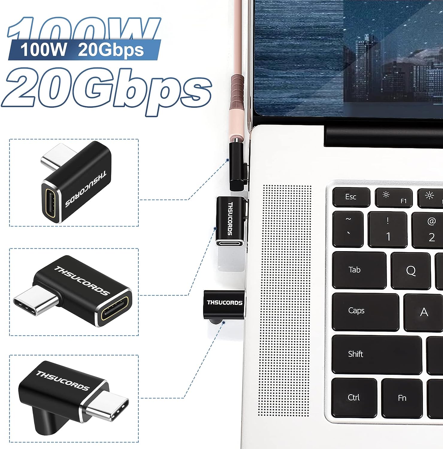 TRAHOO90 Degree USB C Adapter, USB Type C 3.2 Gen2 100W 20Gbps Male to