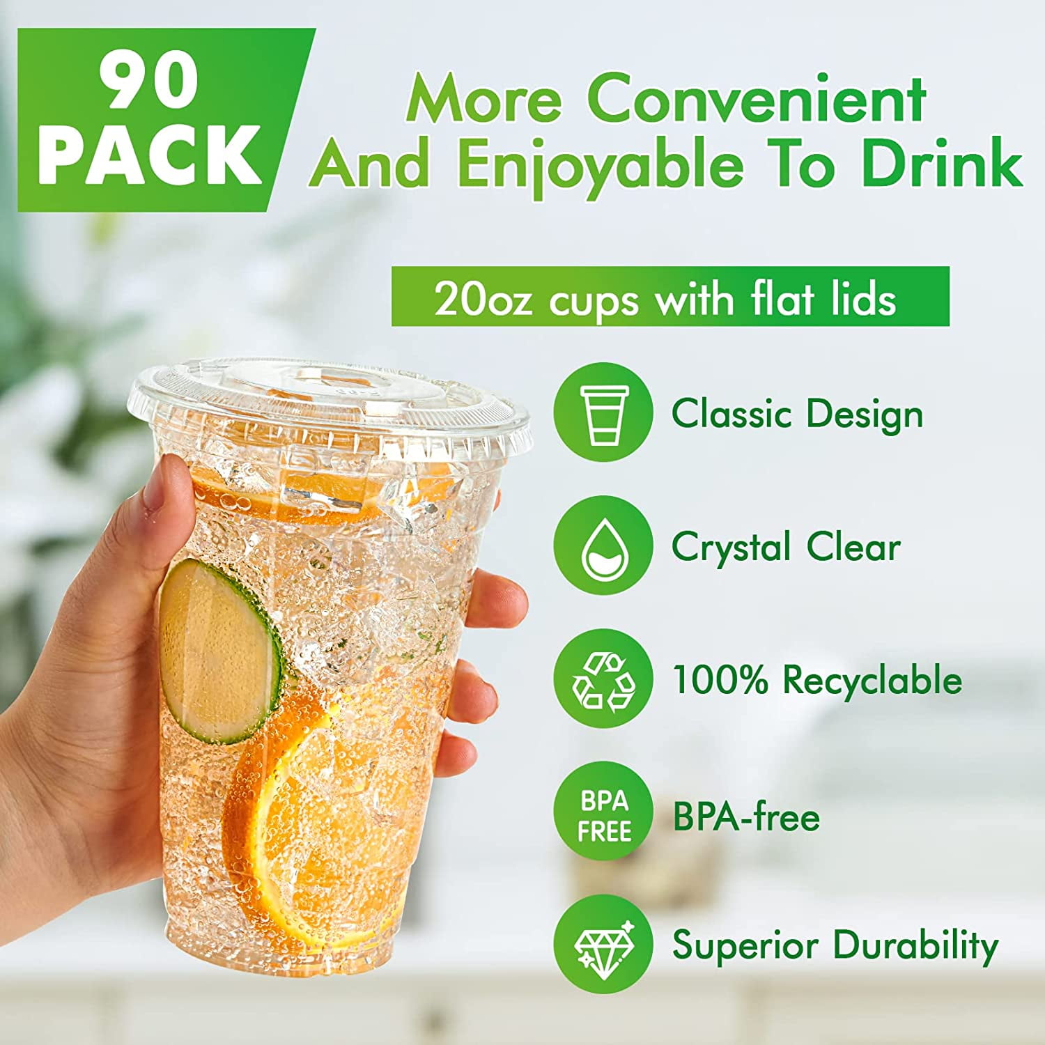 TRAHOO[90 Sets] 20 oz Clear Plastic Cups With Flat Lids, Disposable