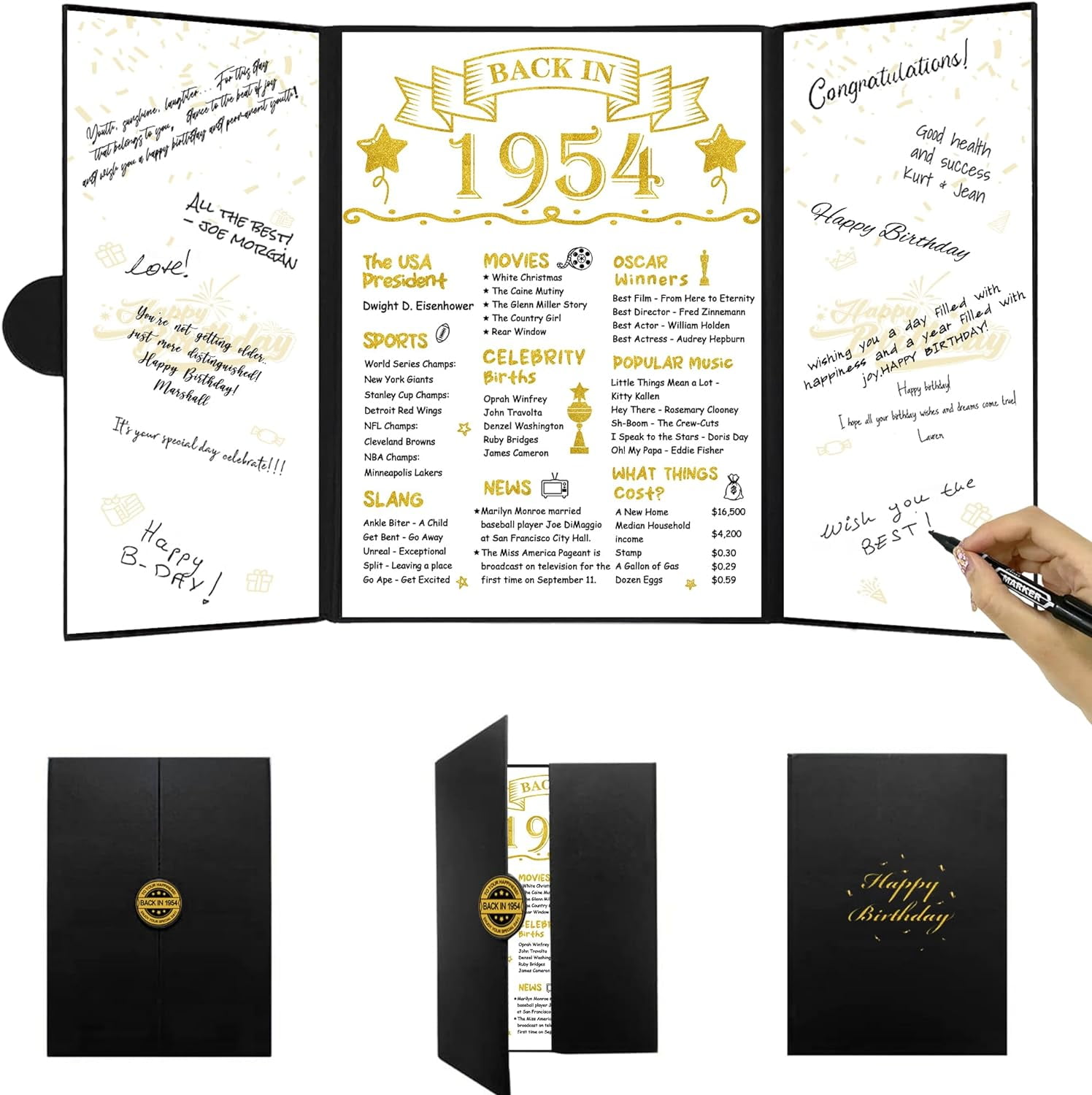 TRAHOO-Black Gold 70th Birthday Alternative Signature Card Back in 1954 Sign Certificate Cheer to 70 Year Board Table Party Decorations for Men Women Vintage 1954 Signature Guest Book Party Supplies
