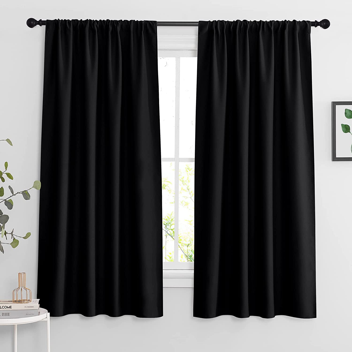 TRAHOO-Black Living Room Curtains 63 inch Length, Blackout Energy ...