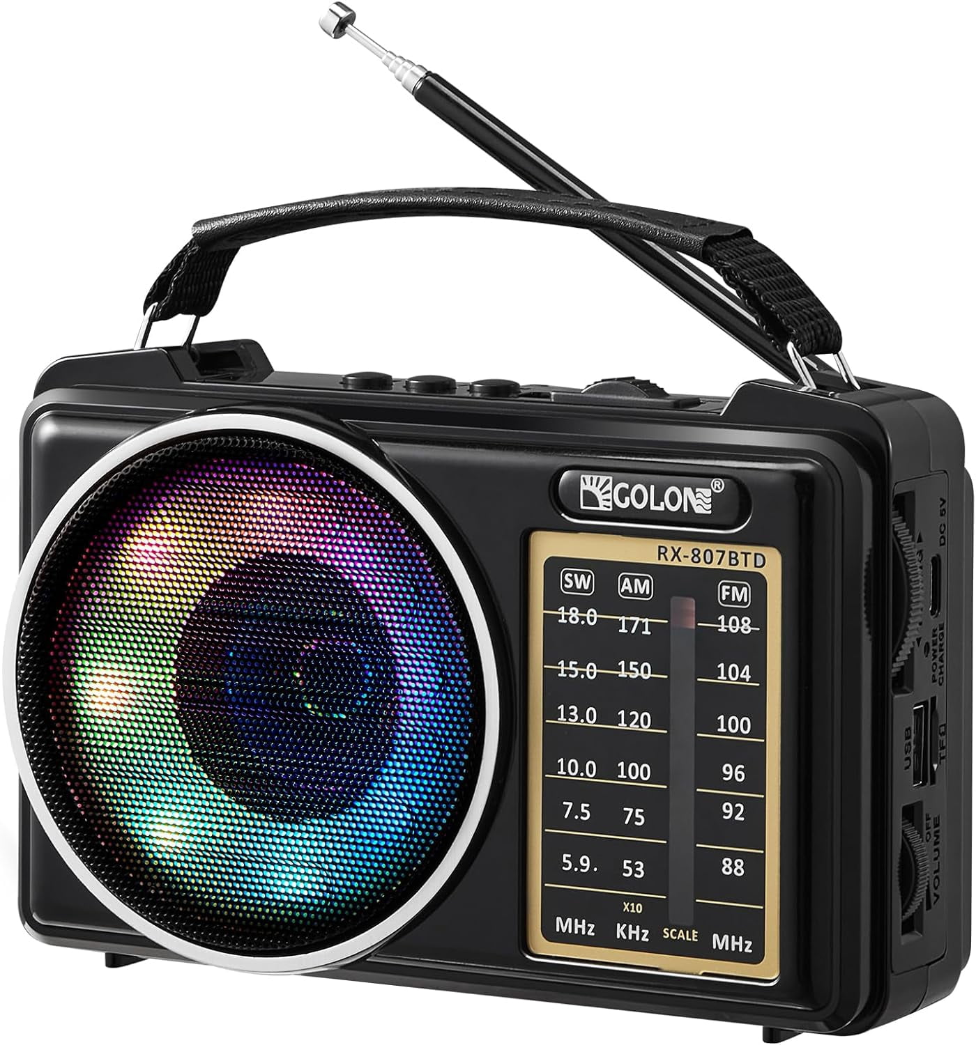 TRAHOO-Bluetooth Speaker with Radio, Small Radios Portable AM FM, Colorful Light, Rechargeable Battery Powered, Support USB/TF Card, Portable Radio Bluetooh Speaker for Home, Outdoor