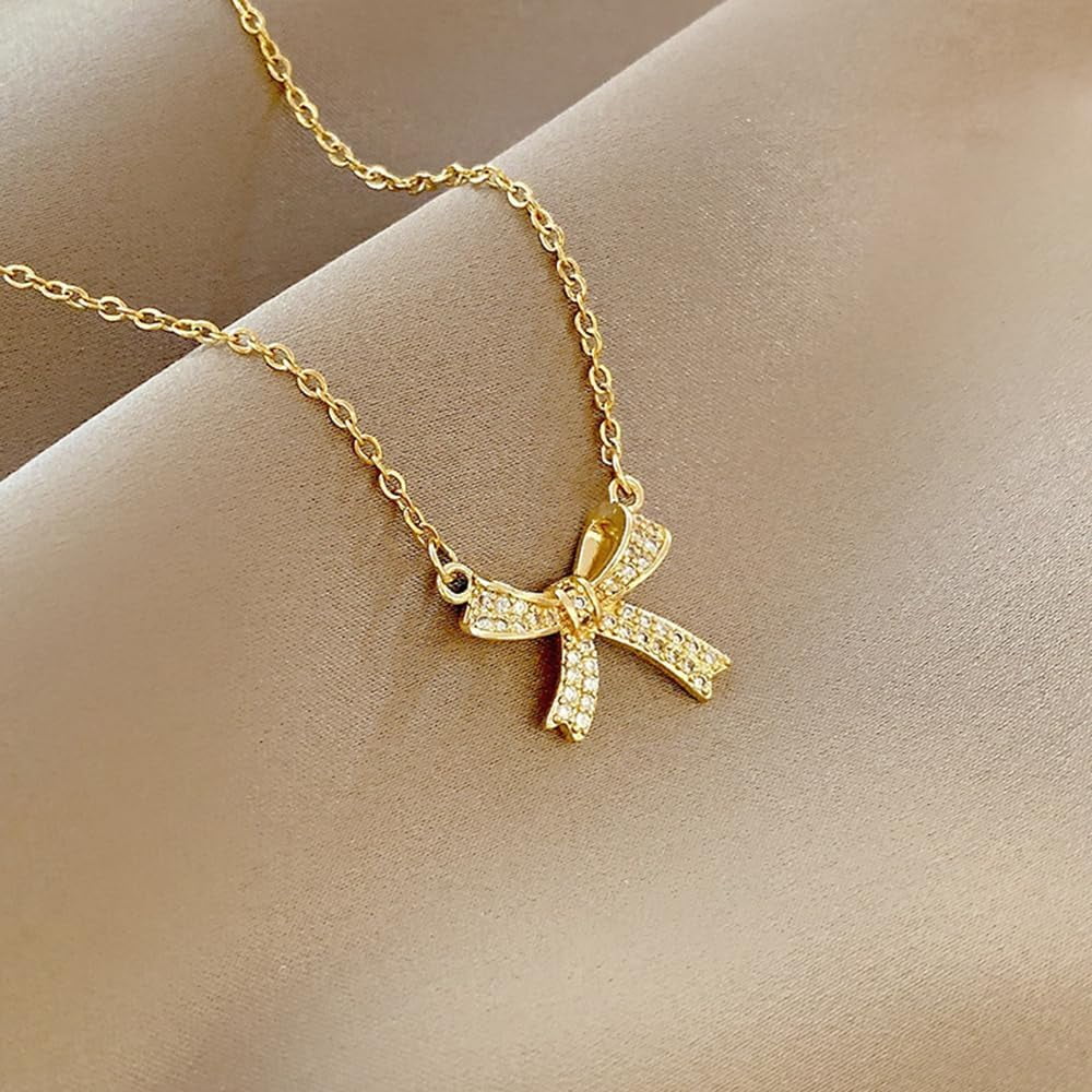 TRAHOO-Bow Necklace for Women Bowknot Choker Necklace 14K Gold Plated Ribbon Choker Necklaces Fashion Jewelry Gifts