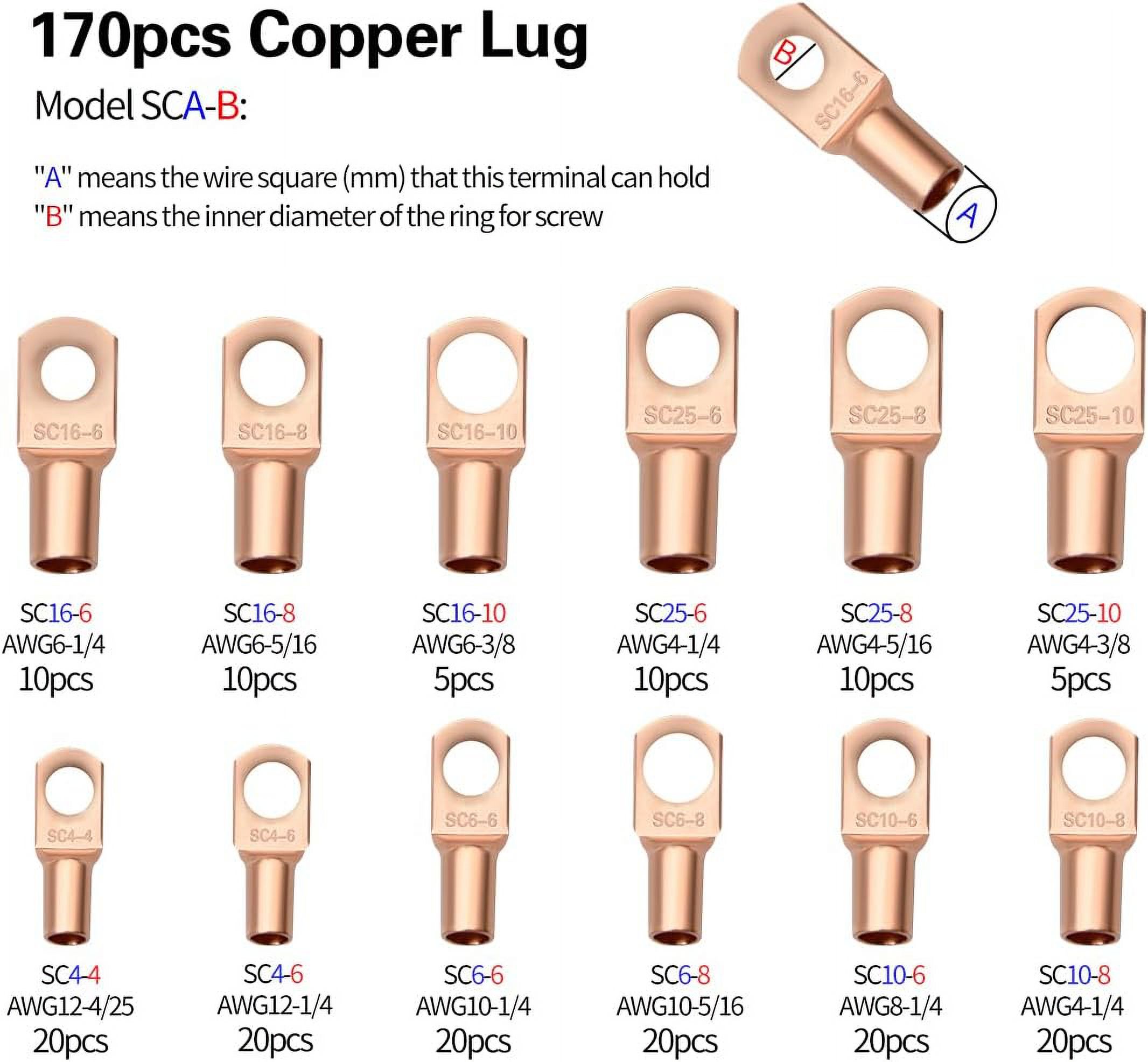 Cable Lug Crimping Tool Kit - With 170pcs Copper Lugs, Cable Cutter, 210pcs Heat Shrink Tubing, For AWG 10-1/0 Electrical Crimping