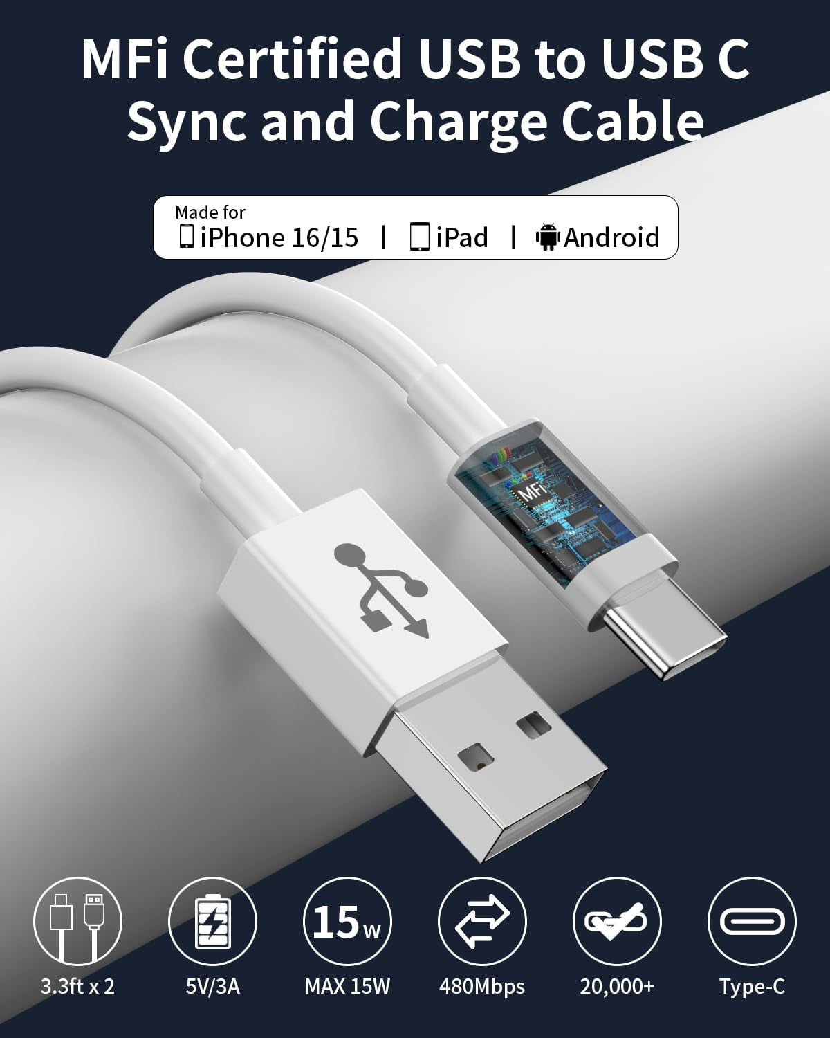 TRAHOOCar Carplay Cable for iPhone 15/16, 2Pack USB to USB C Cable