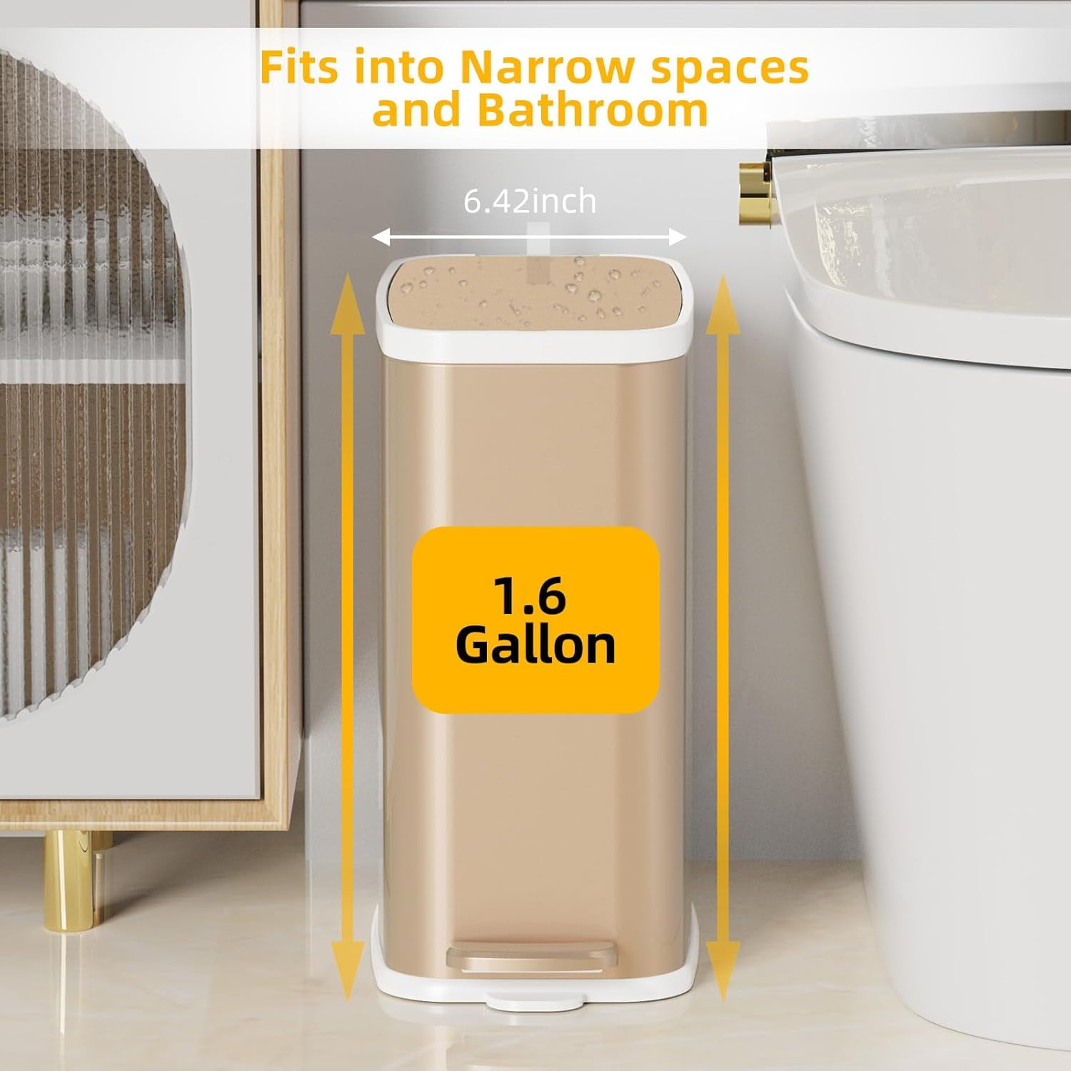 TRAHOO-Champagne Gold Bathroom Trash Can with Lid Soft Close,1.6 Gallon ...