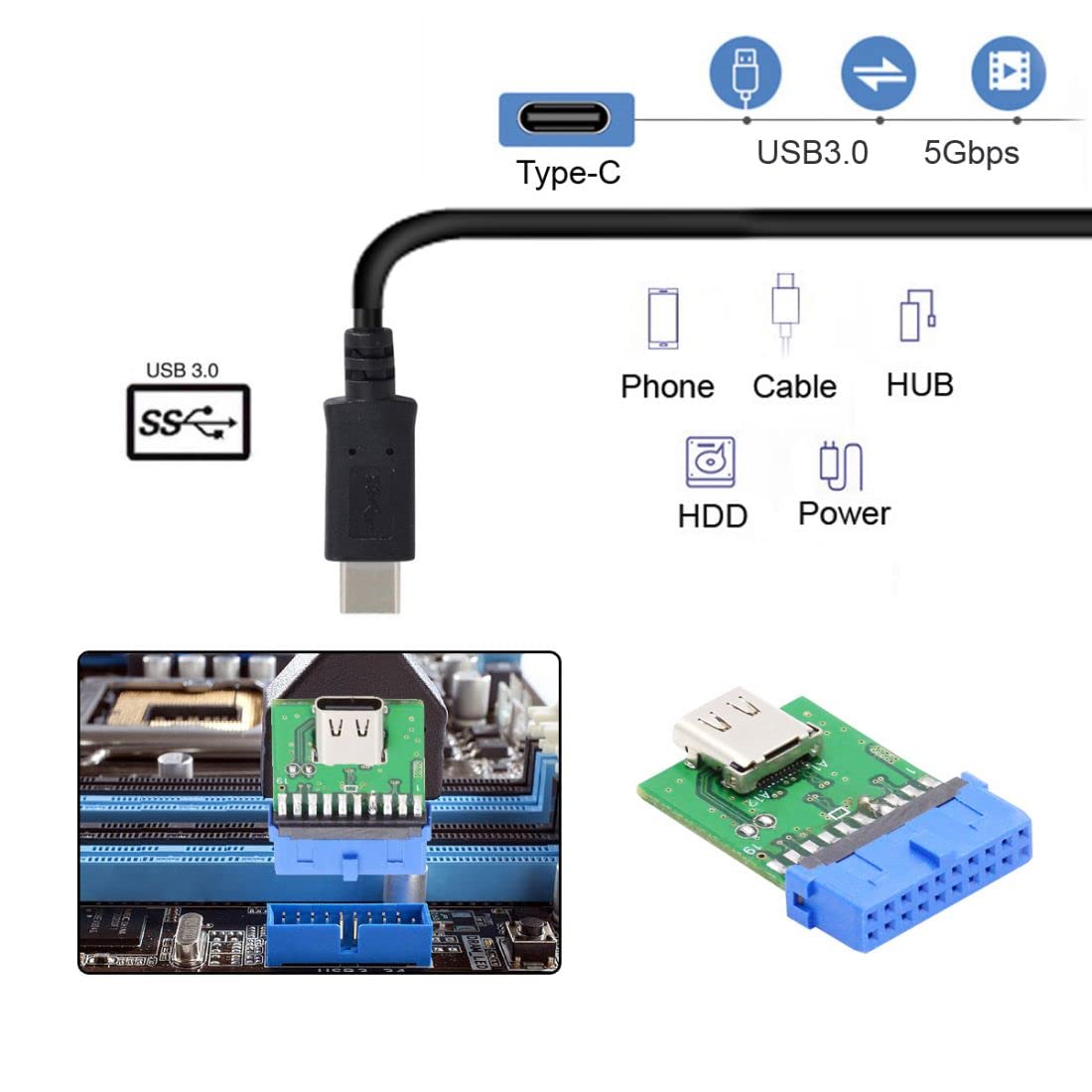 TRAHOOChenYang USB 3.0 Front Panel Header 19Pin/20Pin to USB C Female