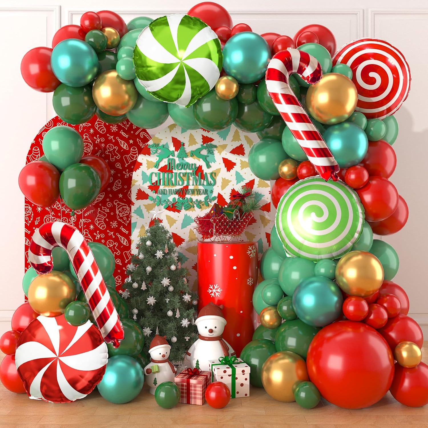 Red & Green Christmas Balloons Set – 15pcs Candy Cane, Tree, Gift Box Mylar Foil Balloons For Party Decor
