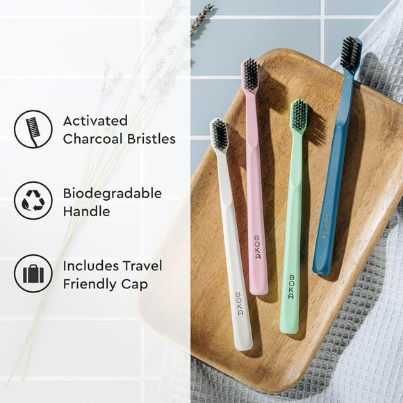 TRAHOO-Classic Manual Toothbrush with Extra Soft Activated-Charcoal, Tapered Bristles, Bioplastic Handle That Includes Travel Cap, Dentist-Approved, Great for Adults and Kids, White (Pack of 1)