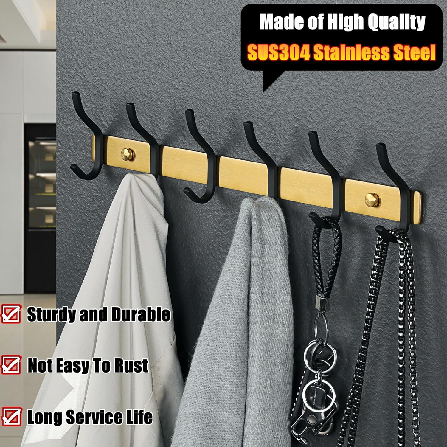 TRAHOO-Coat Rack Wall Mount,Coat Hanger Rail with 6 Double Coat Hooks ...