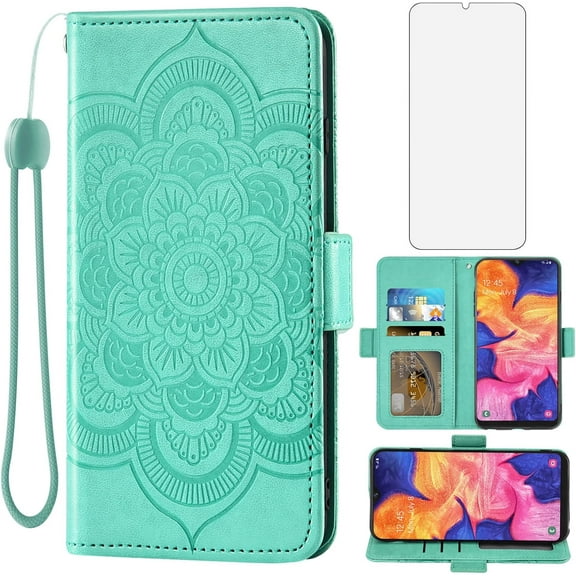 TRAHOO-Compatible with Samsung Galaxy A10e Wallet Case and Tempered Glass Screen Protector Leather Flip Credit Card Holder Stand Cell Phone Cover for Glaxay A 10e Gaxaly 10ae S102DL Women Men Green