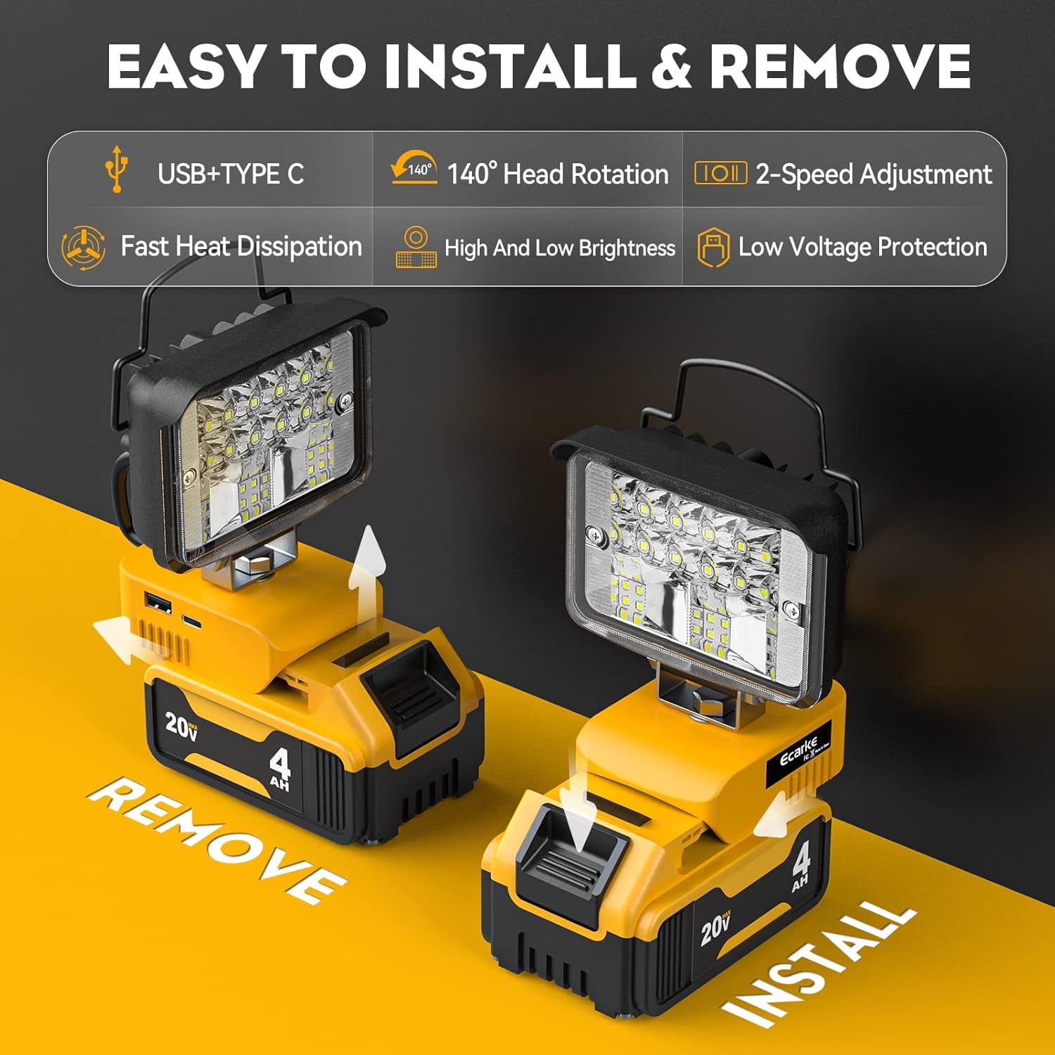 TRAHOOCordless Handheld Flashlight for DeWalt 18V/20V LED Work