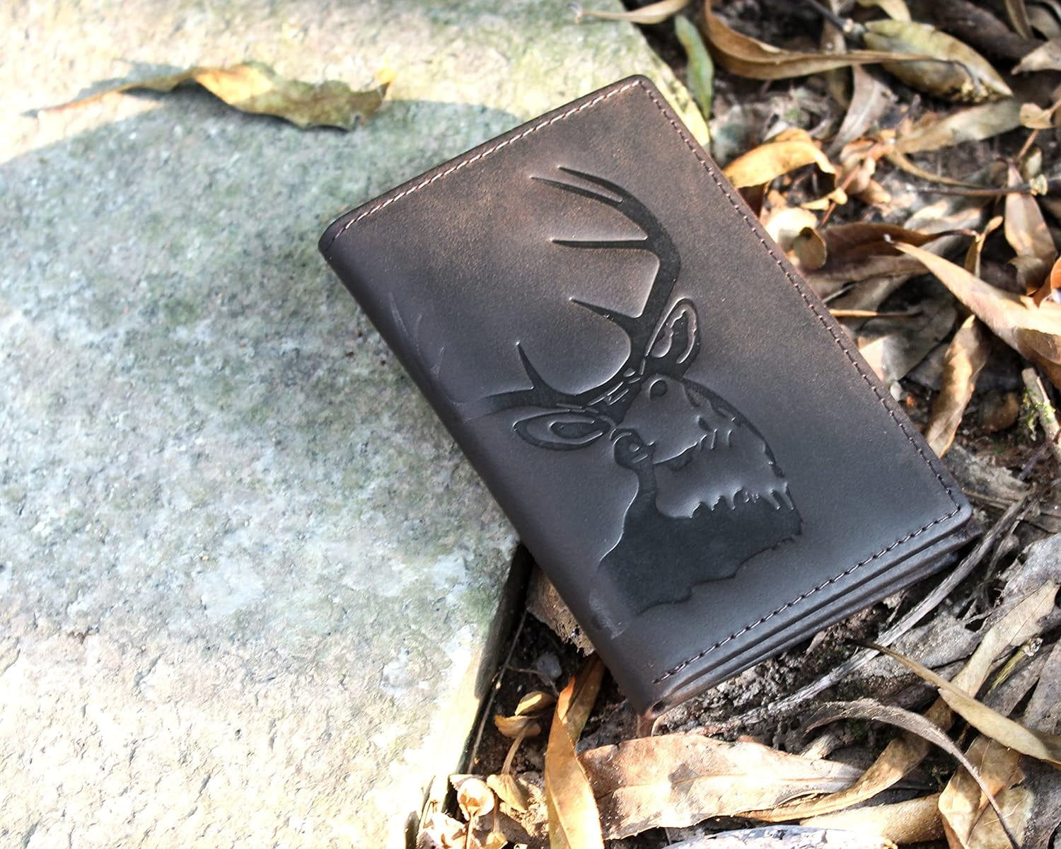 TRAHOODeer Trifold Wallet Full Grain Leather RFID Blocking Deer