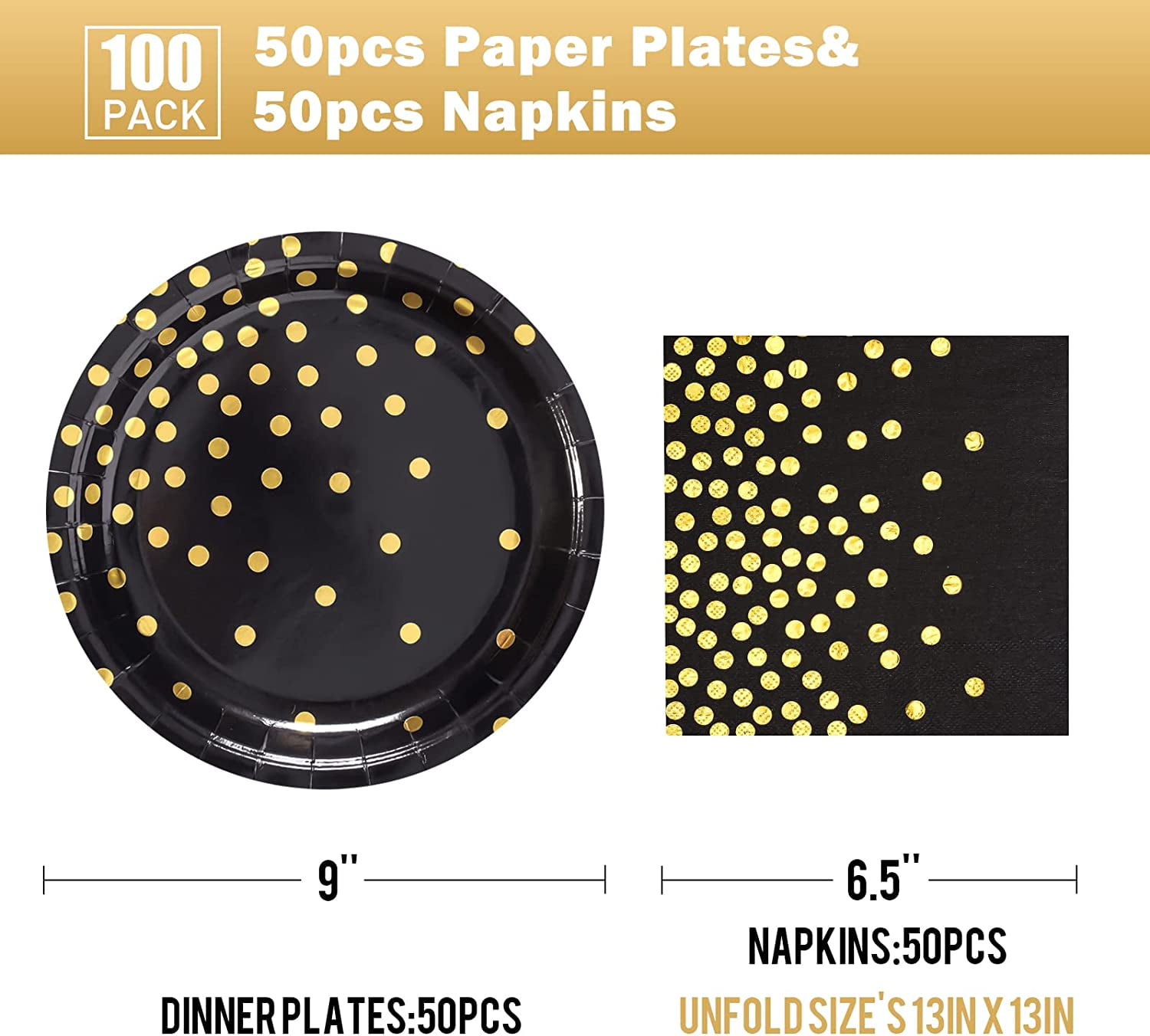 TRAHOODisposable Paper Plates 100 Pack Black and Gold Paper Plates 50