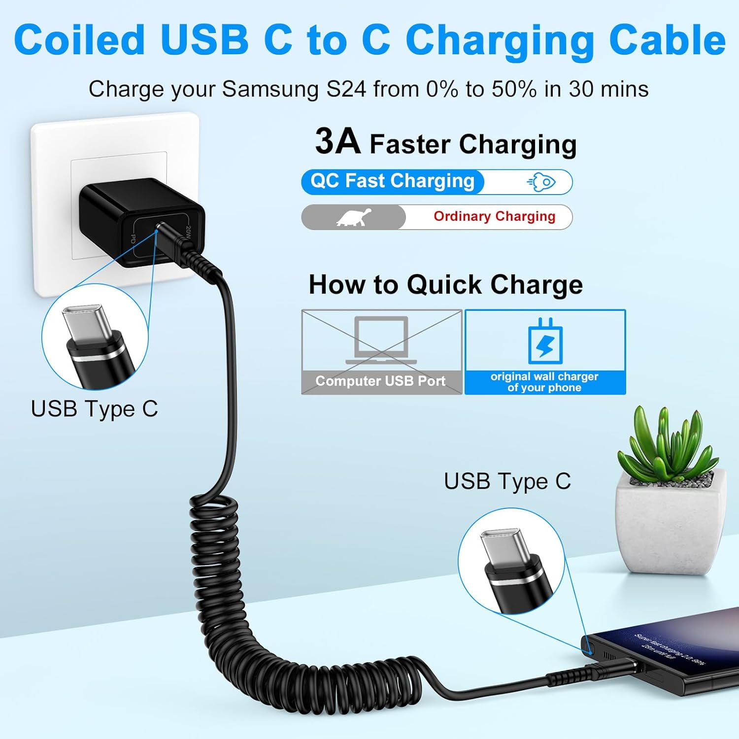 TRAHOOFast Charger Cable Coiled USB C Android Charger Cord Compatible