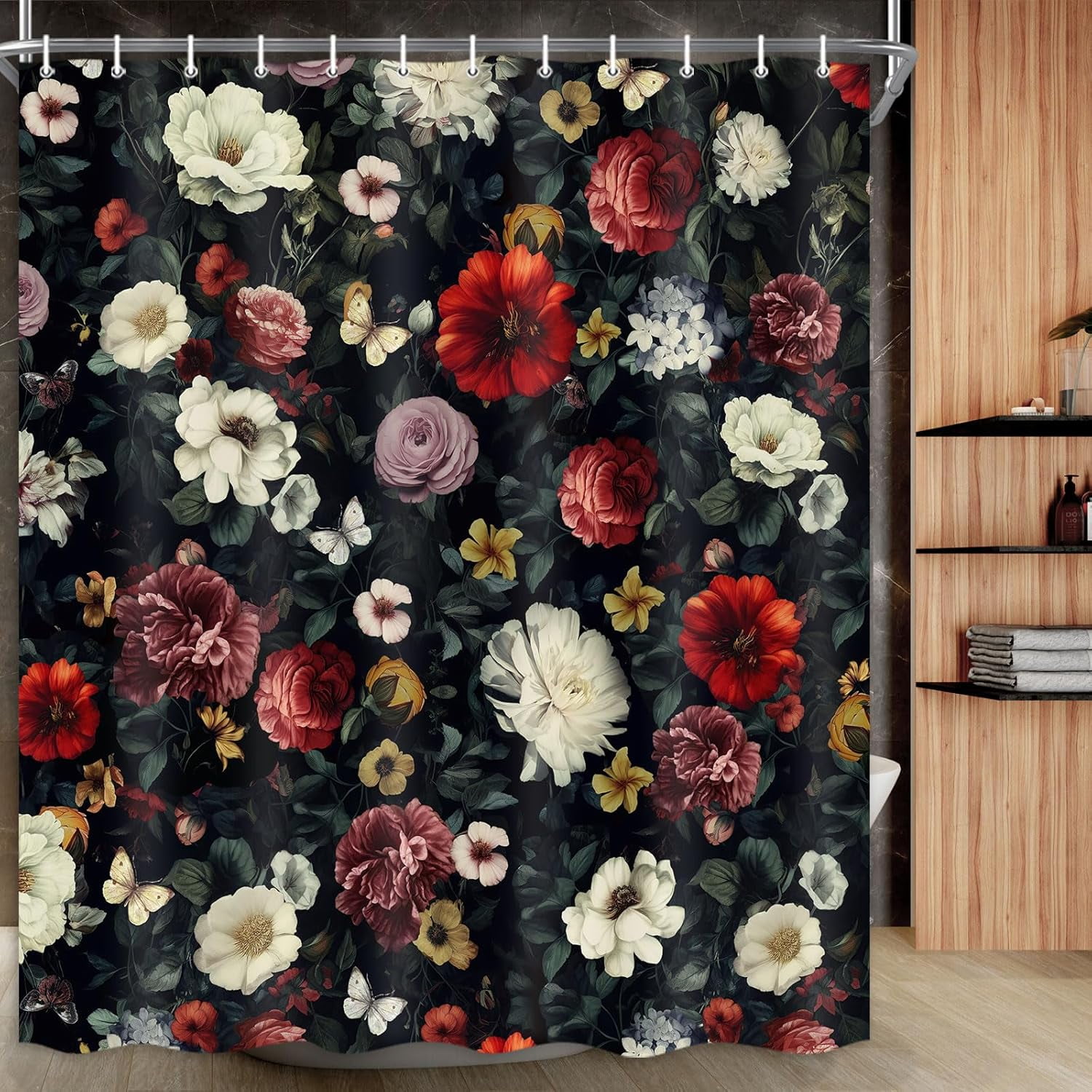 TRAHOOFloral Shower Curtain, Vintage Floral Shower Curtain Set Red