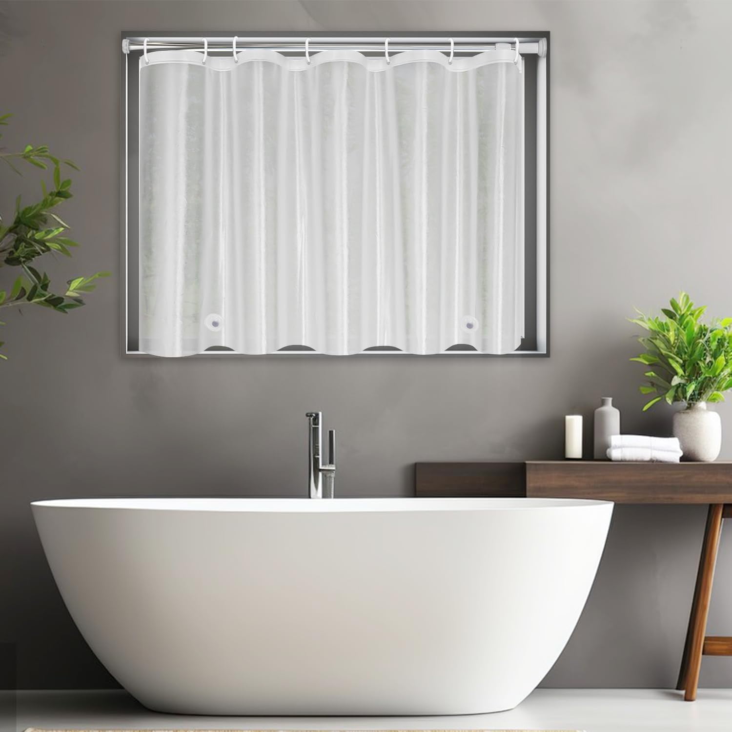 TRAHOO-Frosted Bathroom Window Curtain with Hooks, Narrow Short Plastic ...