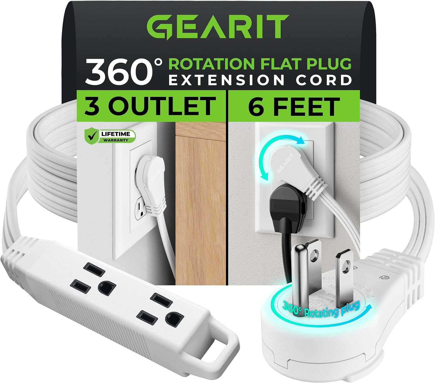 TRAHOO-GEARit 360 Rotating Flat Plug Extension Cord (6ft, White) Multi ...