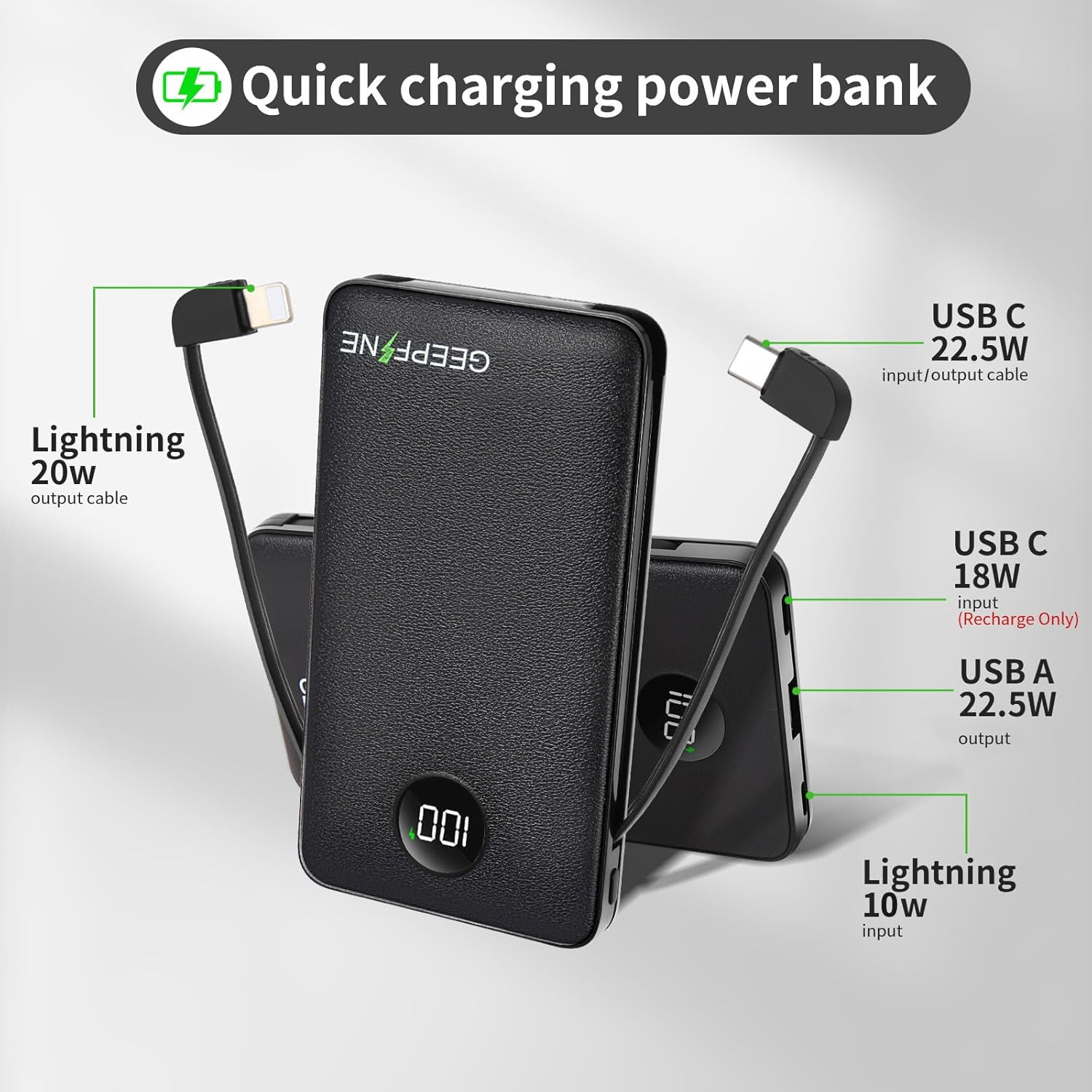 TRAHOOGEEPFINE Portable Charger,Portable Charger with Built in Cable