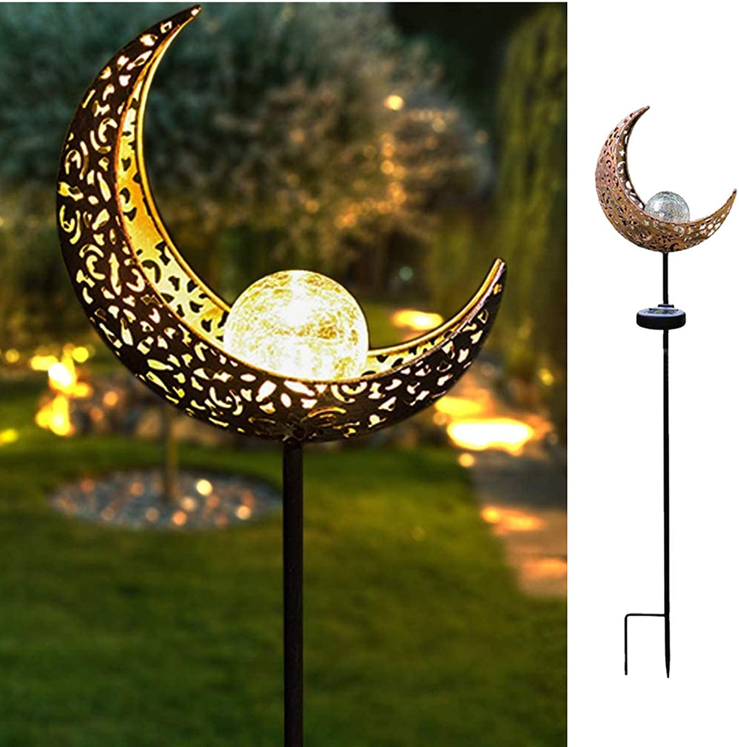 Solar Powered Moon Crackle Glass Globe LED Garden Stake Light
