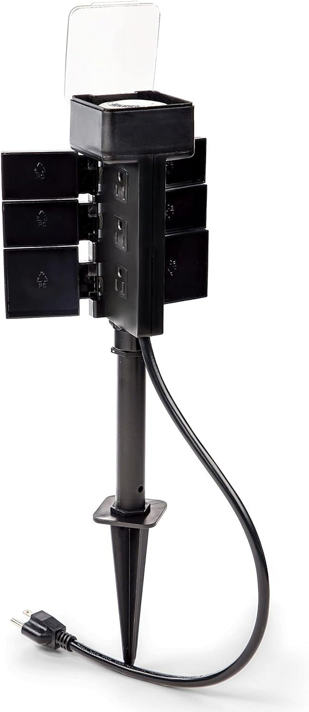 Black Waterproof Outdoor Garden Timer Stake with 6 Grounded Outlets
