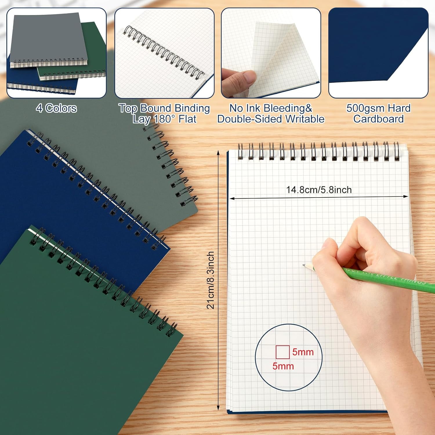 TRAHOO-Graph Paper Spiral Notepad A5 Top Wirebound Notepad Grid Notebook Steno Pads Memo Notepads Grid Paper 140 Pages for Writing Sketching Drawing Office Supplies(Dark Color,6 Pack)