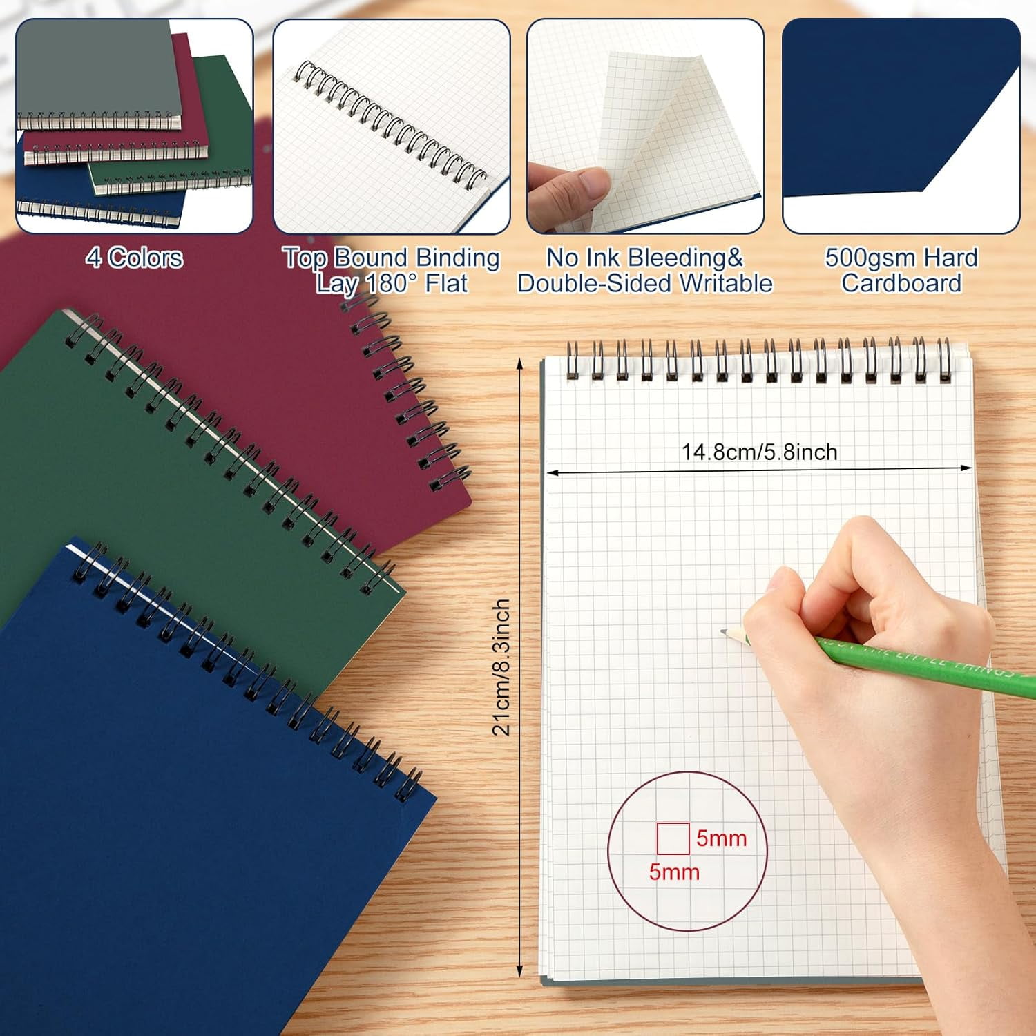 TRAHOO-Graph Paper Spiral Notepad A5 Top Wirebound Notepad Grid Notebook Steno Pads Memo Notepads Grid Paper 140 Pages for Writing Sketching Drawing Office Supplies(Multicolor,8 Pack)