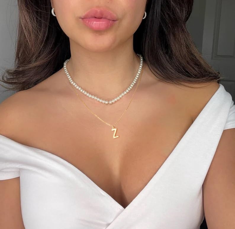 TRAHOO-Initial Pearl Necklace for Women 14K Gold Plated Letter Alphabet 26 A-Z Pendant Necklace Dainty Pearl Choker Necklaces Handmade Jewelry