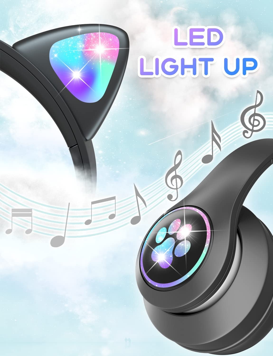 TRAHOOKids Headphones with Microphone/RGB LED Light Up, Cat Ear