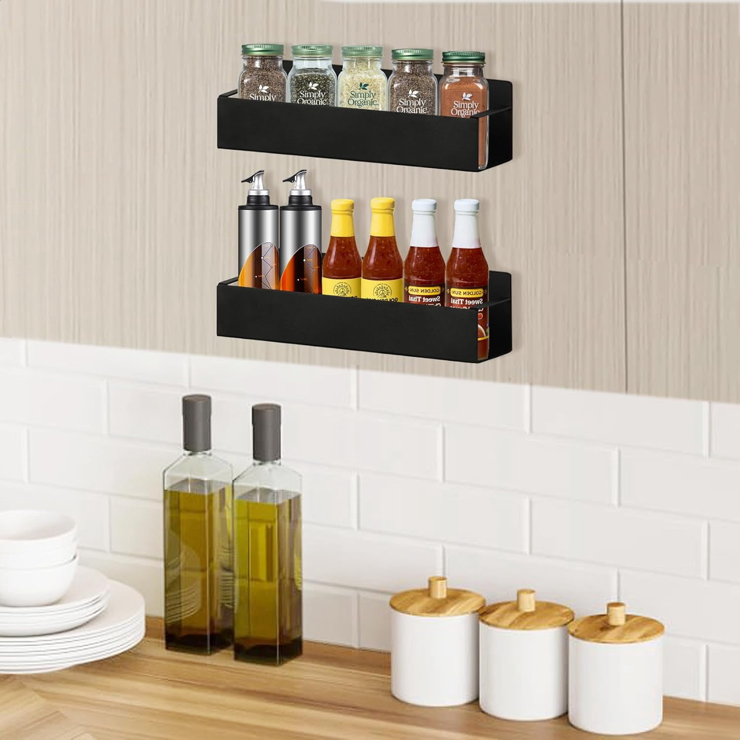 TRAHOO-Kitchen Spice Rack for Wall: 2 Packs Black Adhesive Spice Racks ...