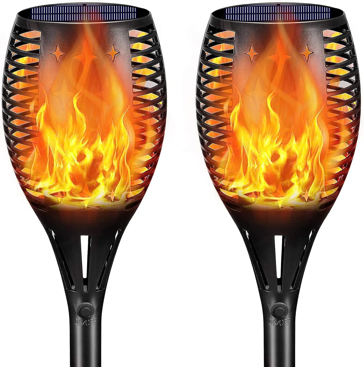 Modern Black Solar LED Torch Lights with Flickering Flame Effect, Set of 2