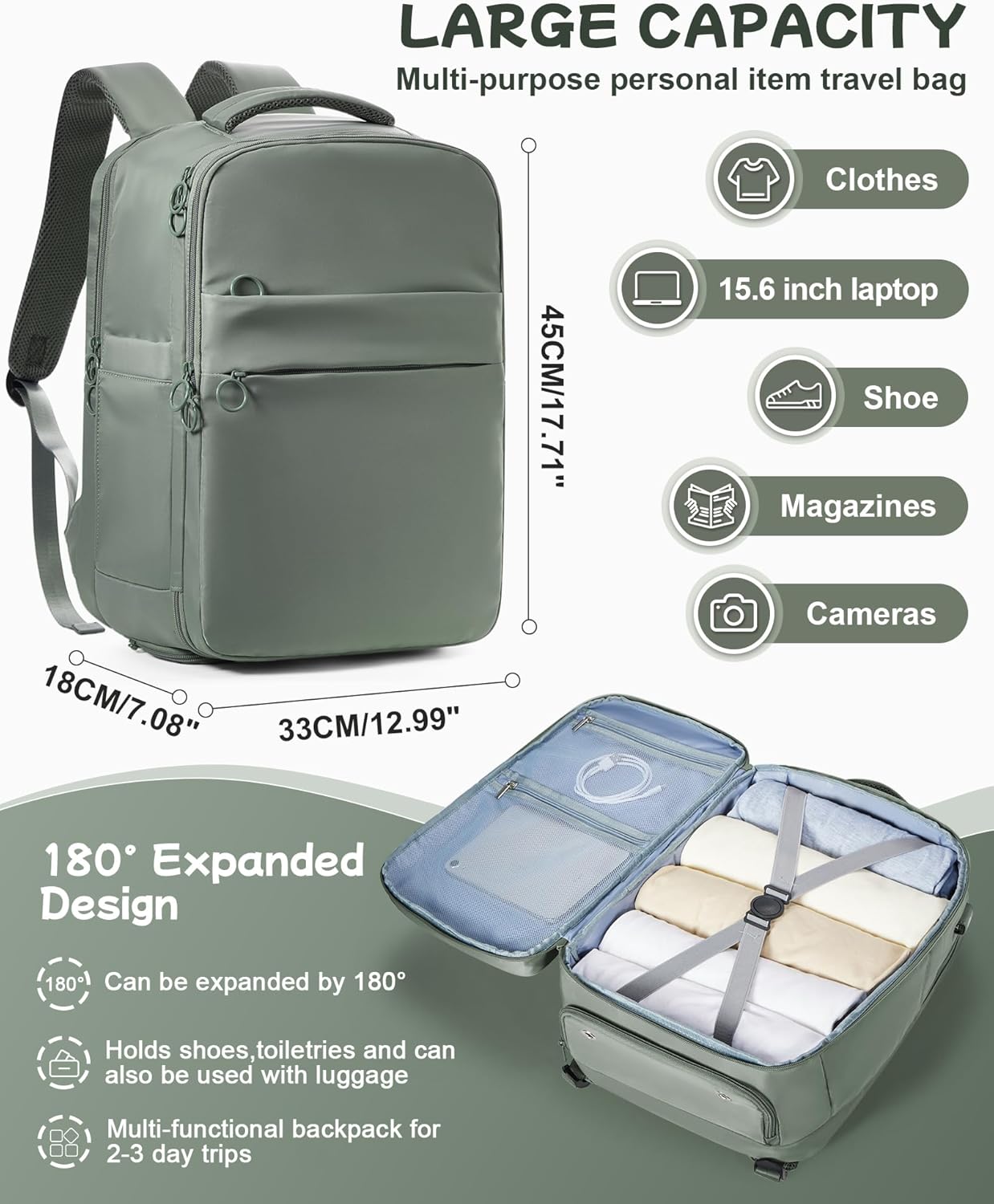 TRAHOOLarge Travel Backpack Carry On Flight Approved Carry On Backpack