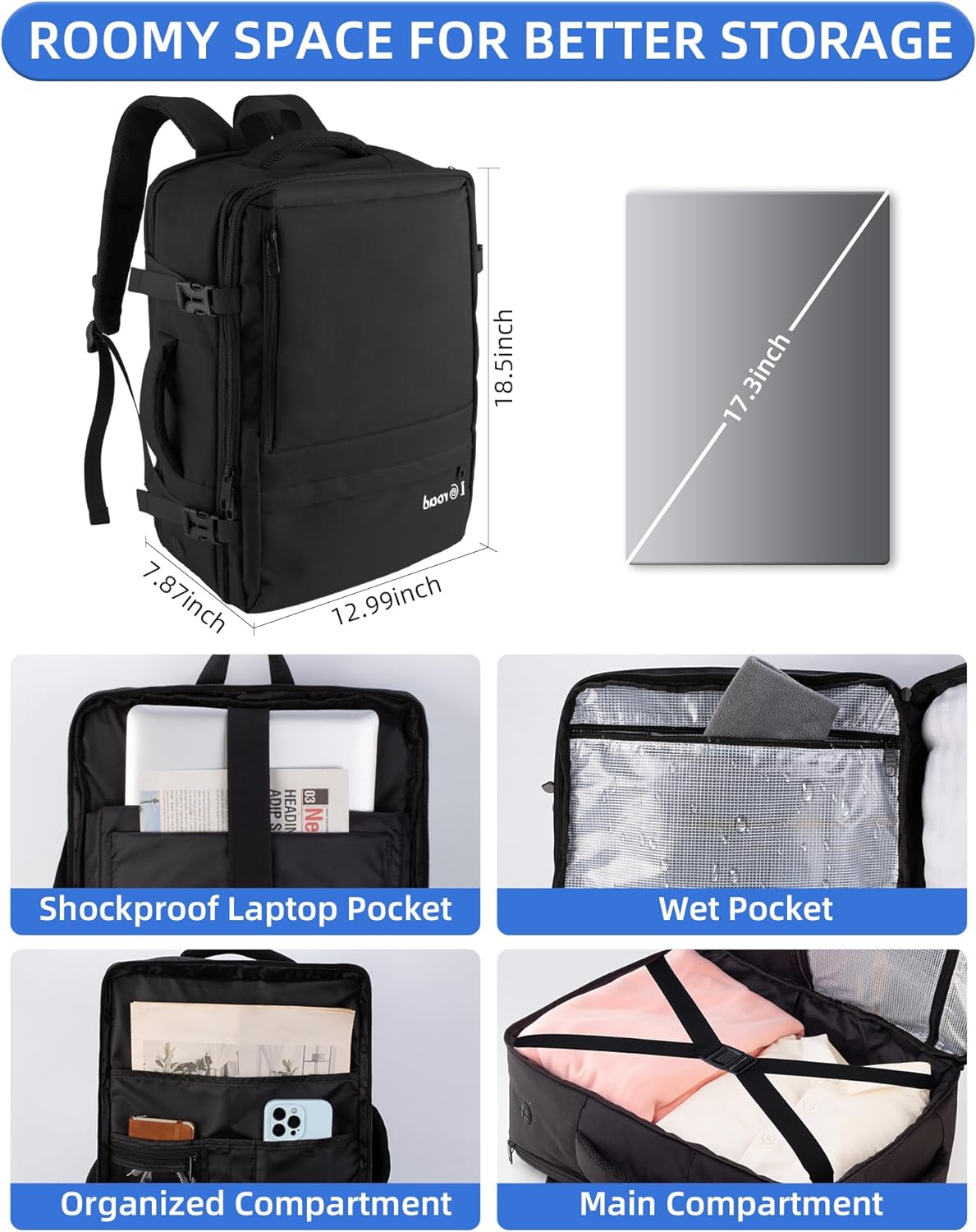 TRAHOOLarge Travel Backpack for Men Women, 40L Carry On Backpack