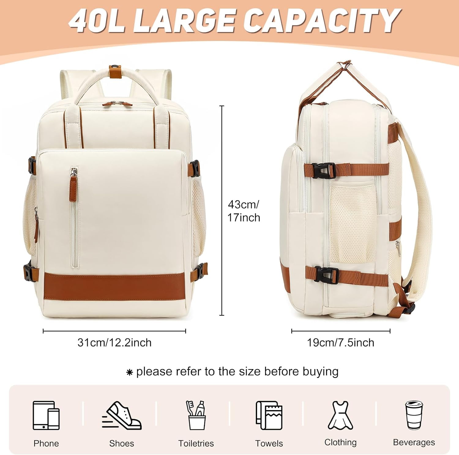 TRAHOOLarge Travel Backpack for Women, 40L Carry On Backpack Airline