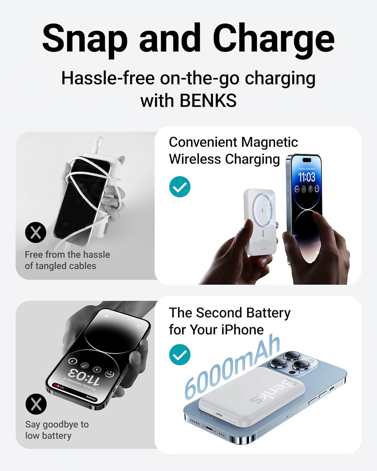 Power Bank, 6000mAh Wireless Portable Charger, for