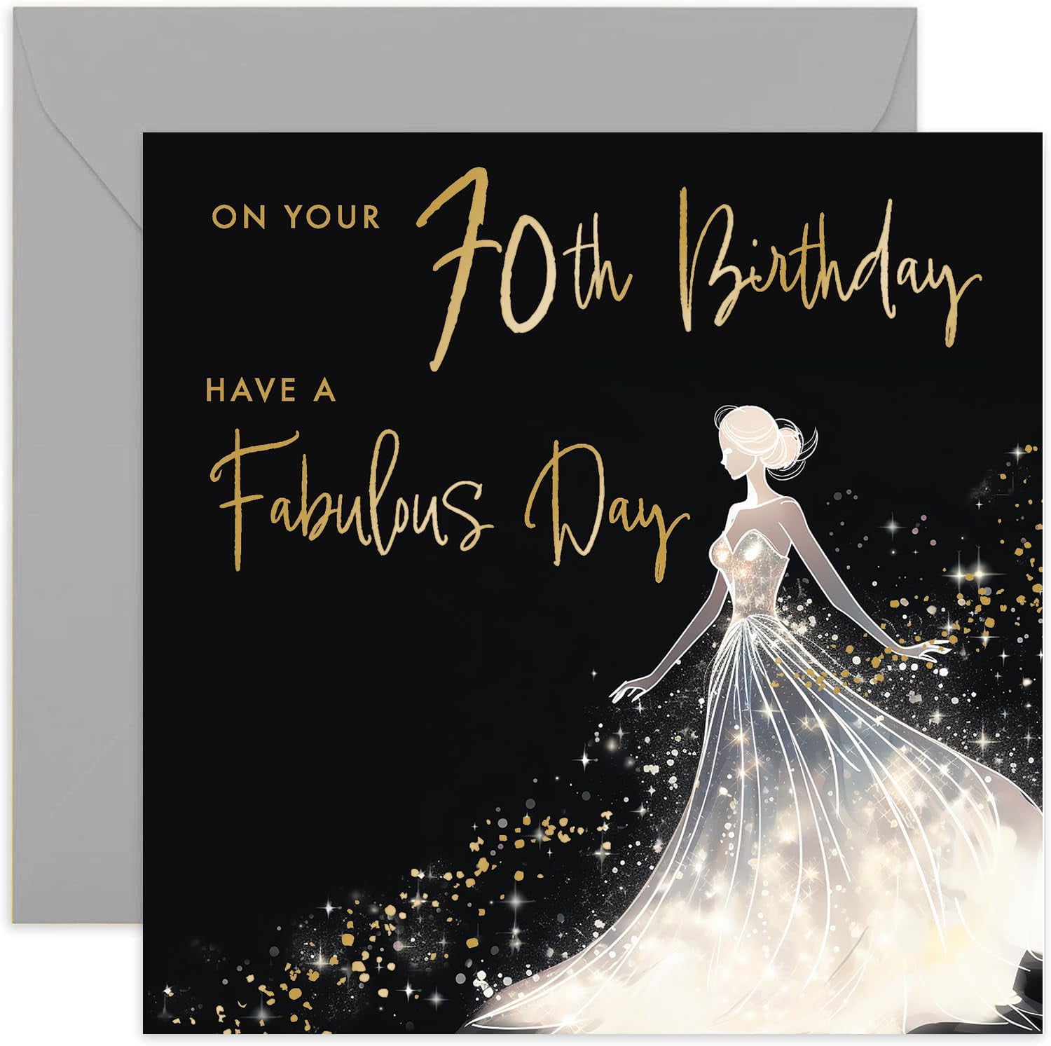 TRAHOO-Old English Co. Birthday Card for Women - Special 70th Birthday Card for Her - Seventy - Gold Foil Glitter Silhouette Dress Design - Seventieth Birthday Card for Women | Blank Inside, 150x150m