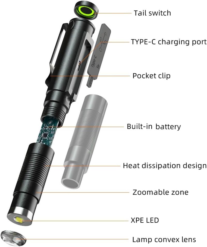 TRAHOOP29 Pen Flashlight Bright USB C Rechargeable Zoom 3 Light Modes