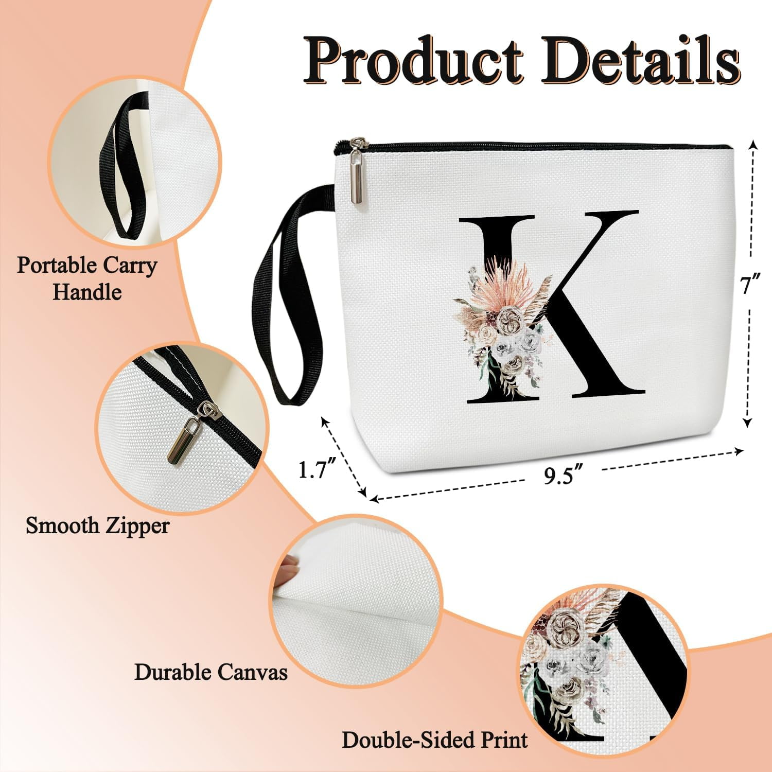 TRAHOOPersonalized Makeup Bags for Women, Monogram Initial K Boho