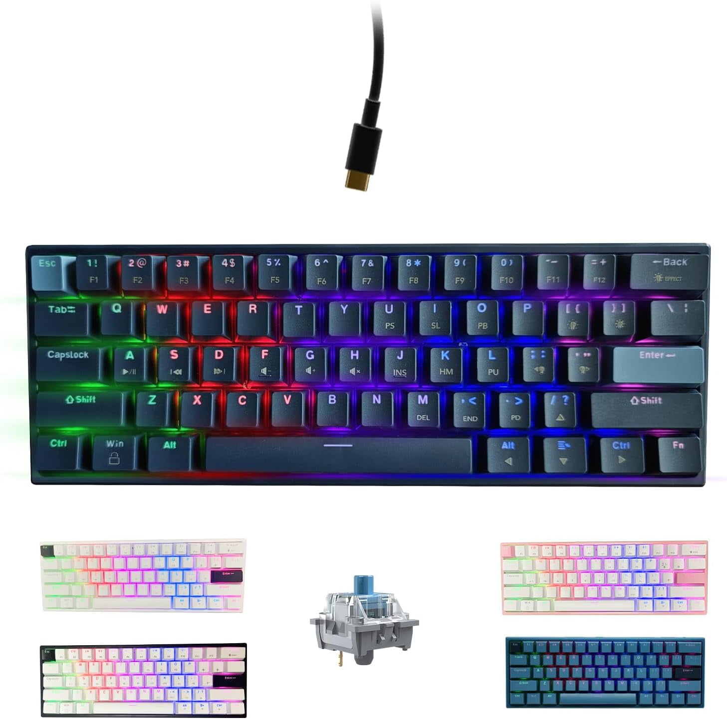 TRAHOO-Portable 60% Mechanical Gaming Keyboard, LED Backlit Compact 61 ...