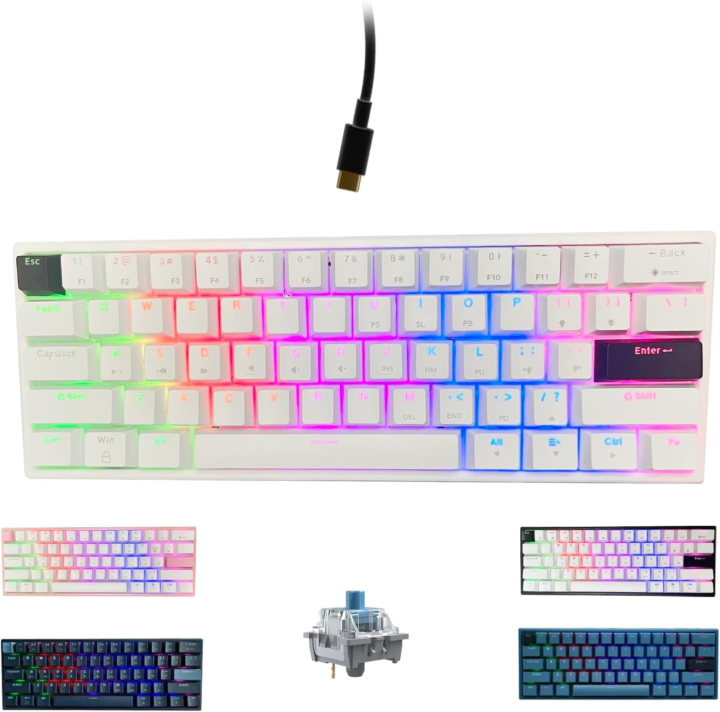 TRAHOO-Portable 60% Mechanical Gaming Keyboard LED Backlit Compact 61 ...