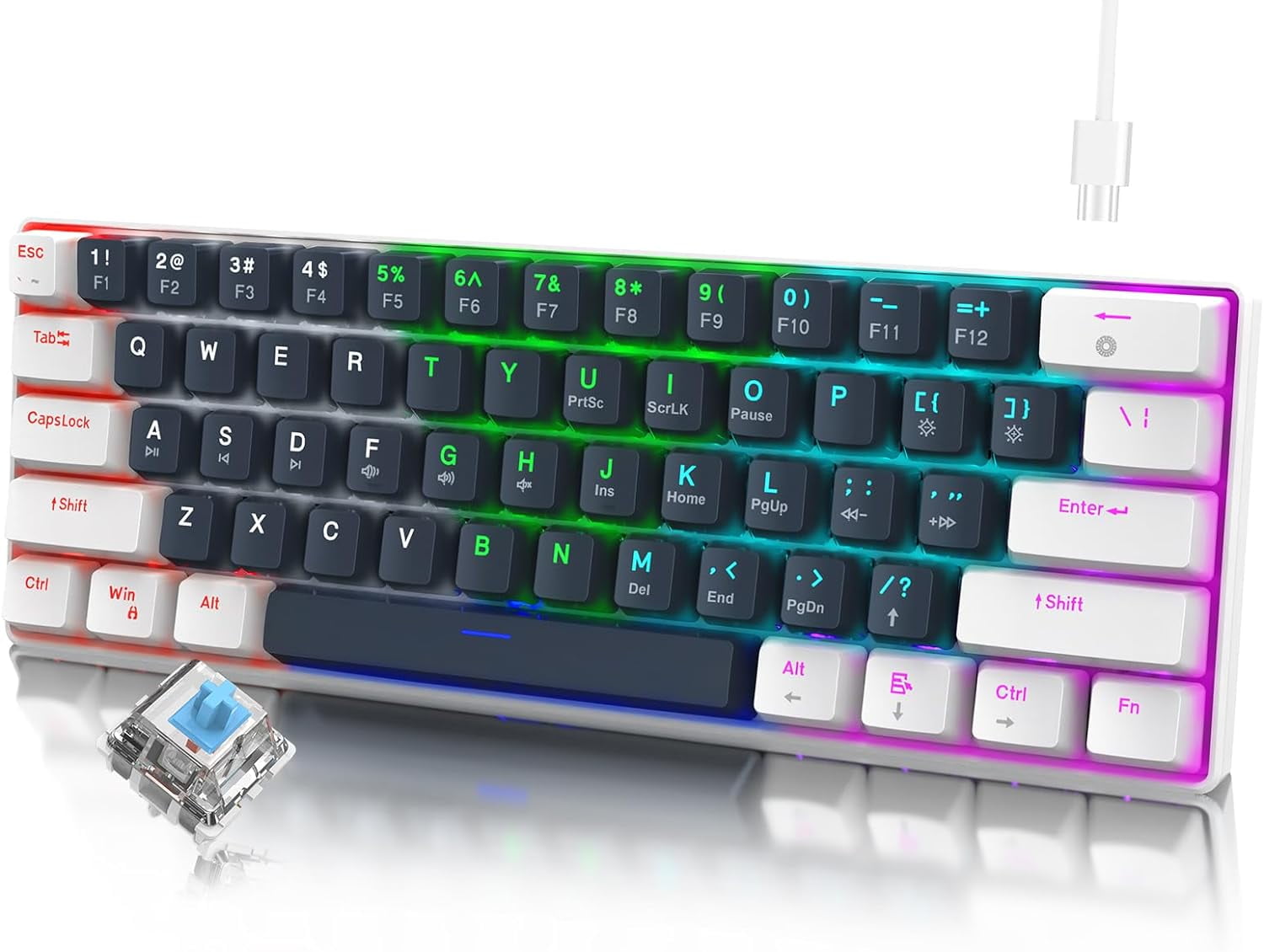 Ant Esports MK1300 V2 60% Mechanical Keyboard - Compact 61 Keys, RGB Backlit, Red Switches, For PC/Mac Gaming
