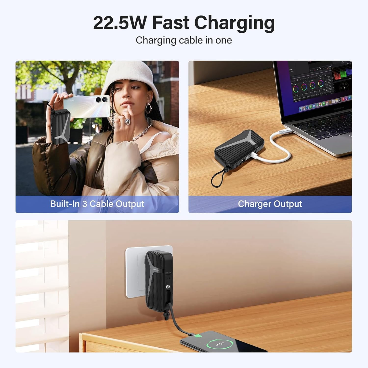TRAHOOPortable Charger with Built in Cable and AC Wall Plug, External