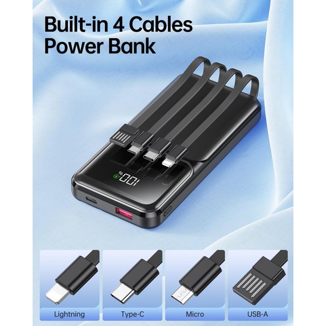 TRAHOOPower Bank Portable Charger with Built in Cable 10000mAh Fast