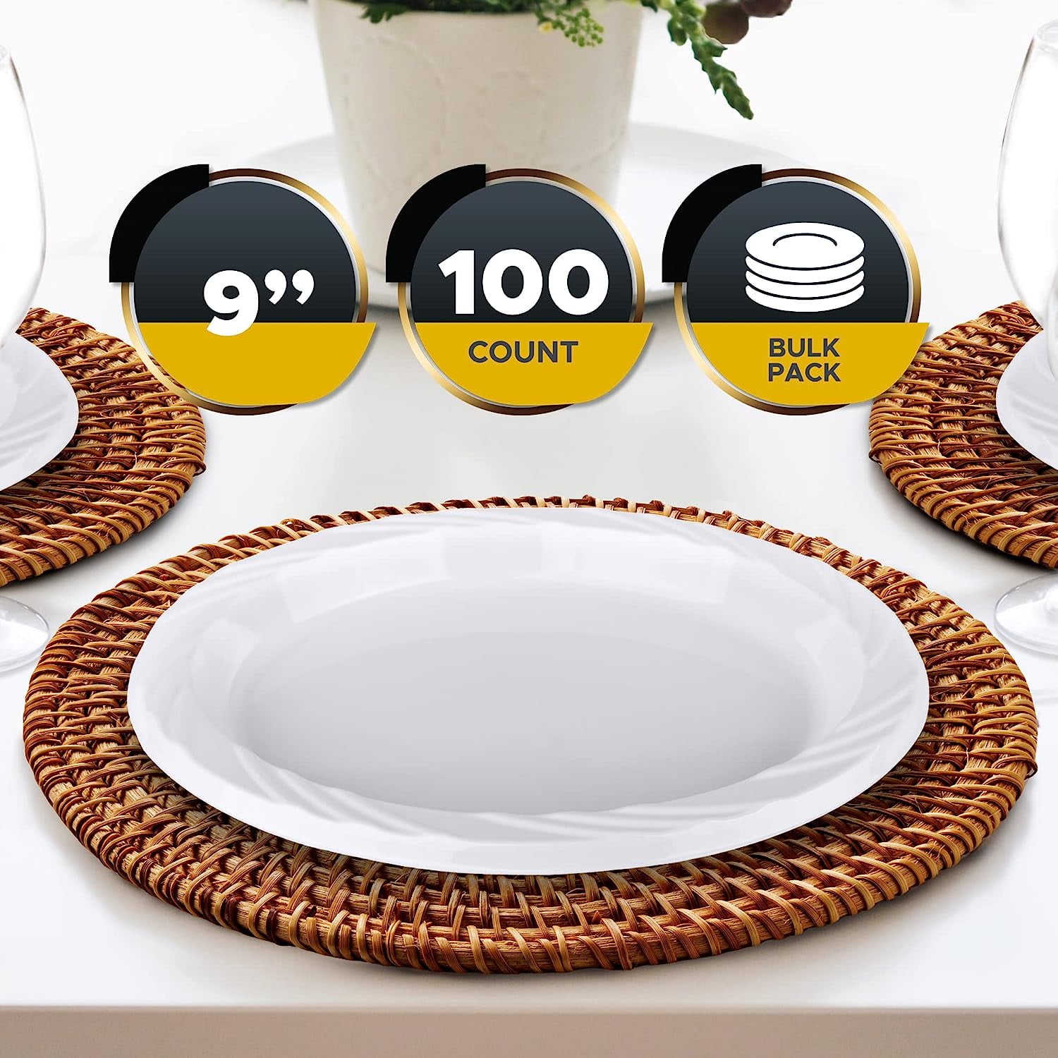 TRAHOOPremium Disposable Plastic Plates 9'' [Pack of 100] White
