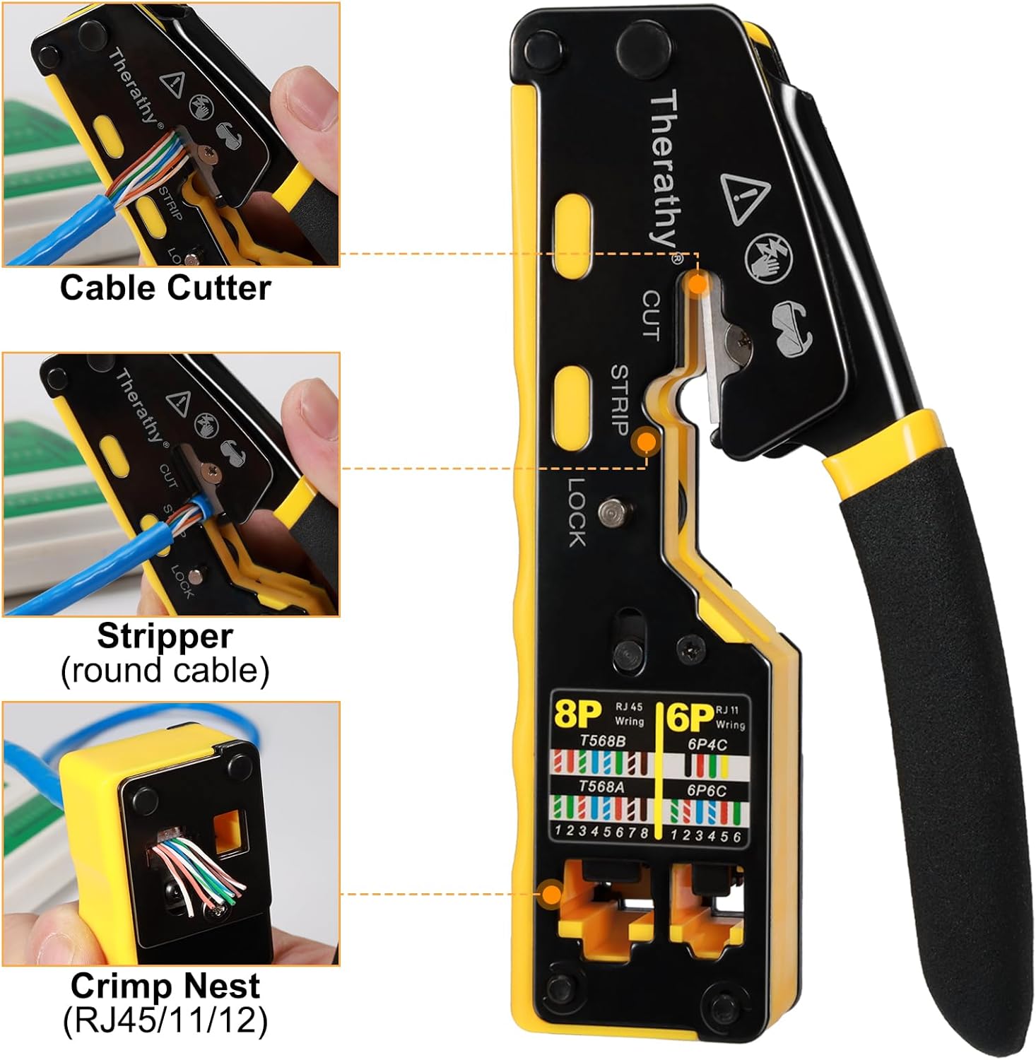 TRAHOORJ45 Crimp Tool Pass Through Crimper for Cat5e Cat6