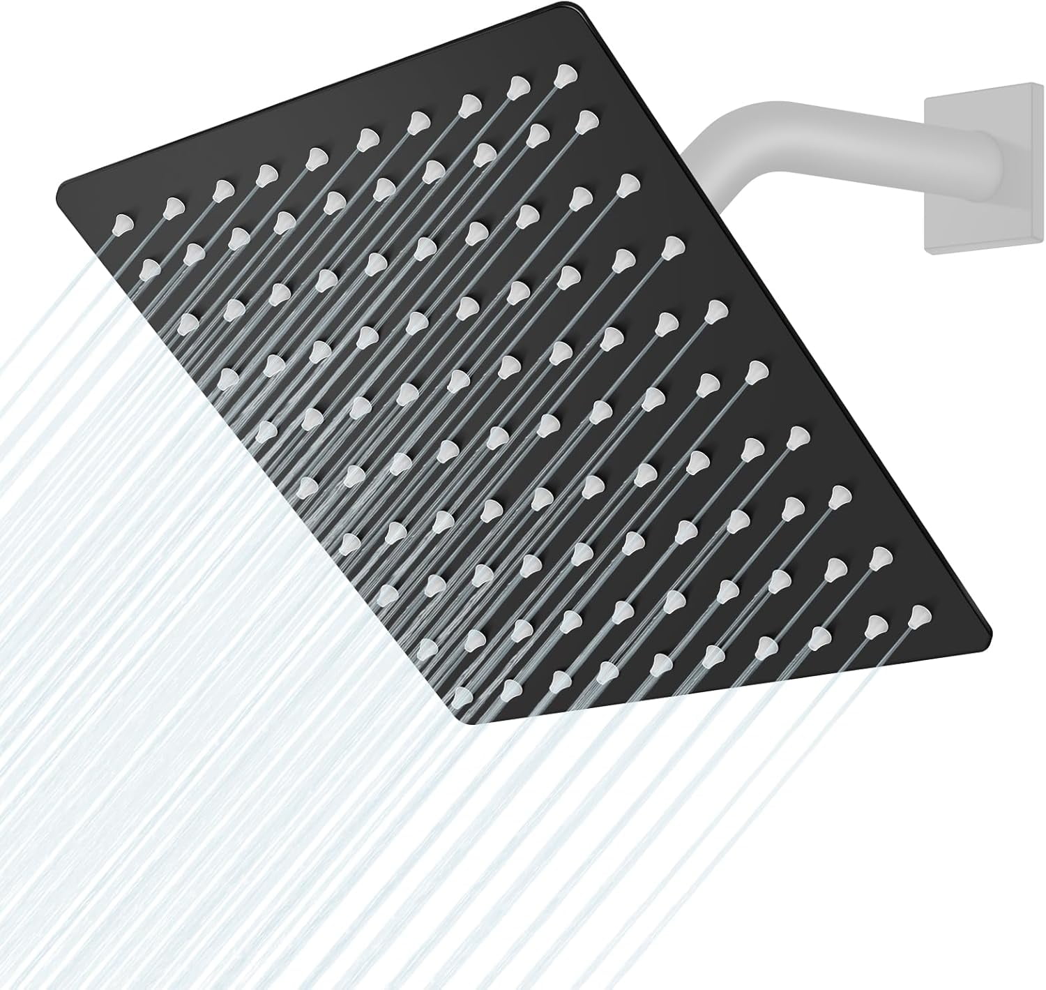 TRAHOO-Rainfall Shower Head Square Stainless Steel Rain Showerhead High Pressure Waterfall Crackproof Coverage with Silicone Nozzle 1/16" Ultra Thin Design Swivel Connector,Matte Black 8 Inch