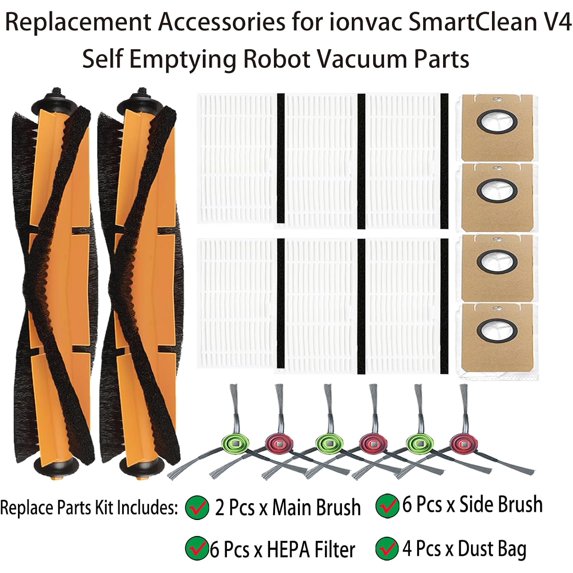TRAHOO-Replacement Spare Accessories for ionvac SmartClean V4 Self Emptying Robot Vacuum Cleaner 2 Main Brush 6 Side Brush 6 HEPA Filter 4 Dust Bags Parts (18 Pack)