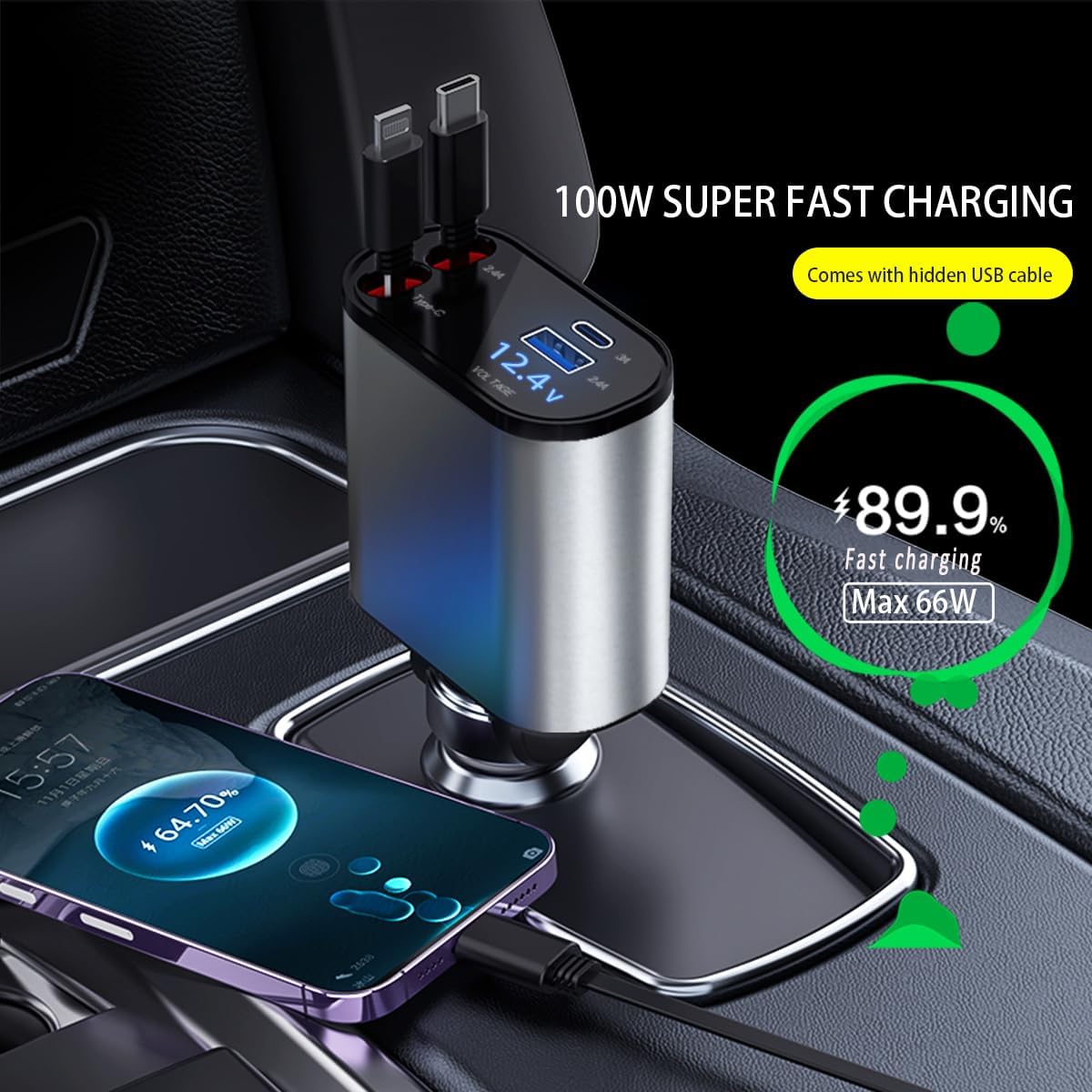 TRAHOORetractable Car Charger,100W Car Charger USB C, Car Charger